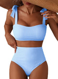 Herseas Women's Striped Bikini Sets Shoulder Strap Knot Removable Pads 2 Piece Swimsuits High Waisted Tummy Control Bathing Suits Teen Cruise Essentials Medium Blue Stripes