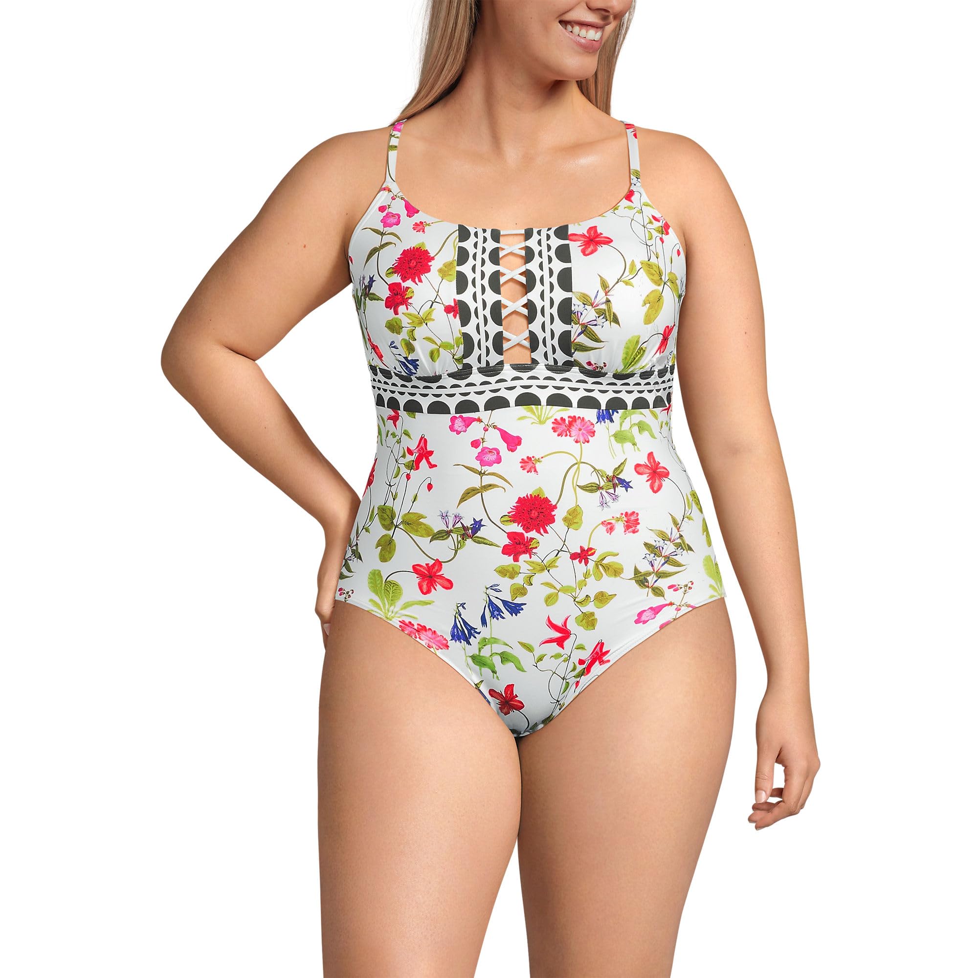 Lands' End Women's Lace Up One Piece Swimsuit 2 White Multi Garden Floral