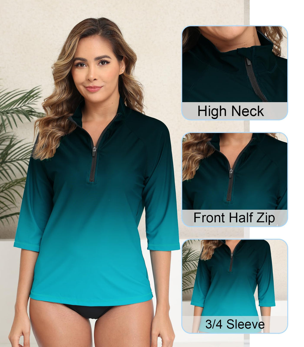 Halcurt Women's 3/4 Sleeve Rash Guard Swimsuit Top High Neck Half Zip Swim Shirt Only UPF50+ Quick Dry Bathing Suit Ombre M