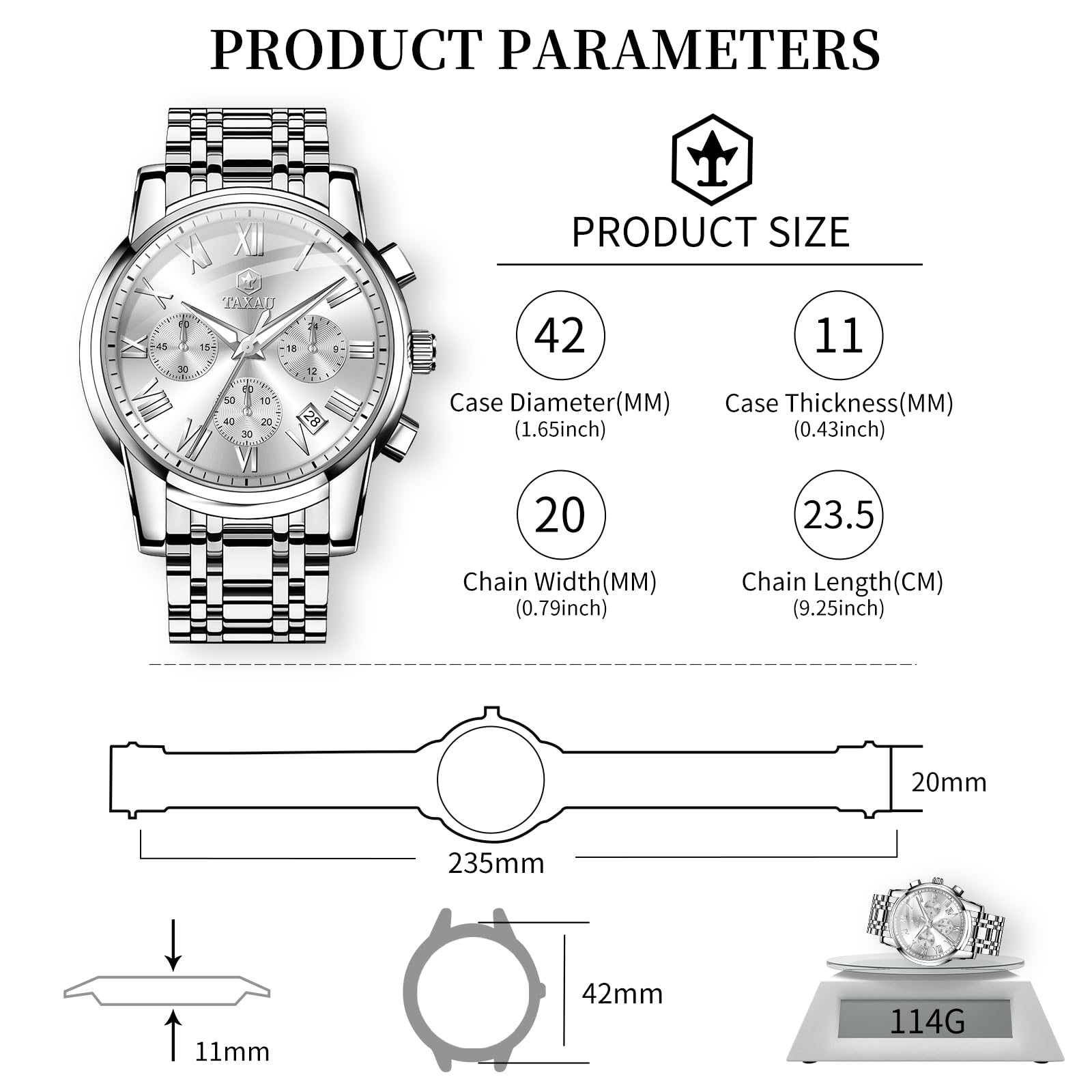 Taxau Silver Watches for Men Stainless Steel Chronograph White Face Multi-Function Men Wristwatch Analog Quartz Fashion Roman Numeral Date Men's Dress Watches Water Resistant Luminous Watch