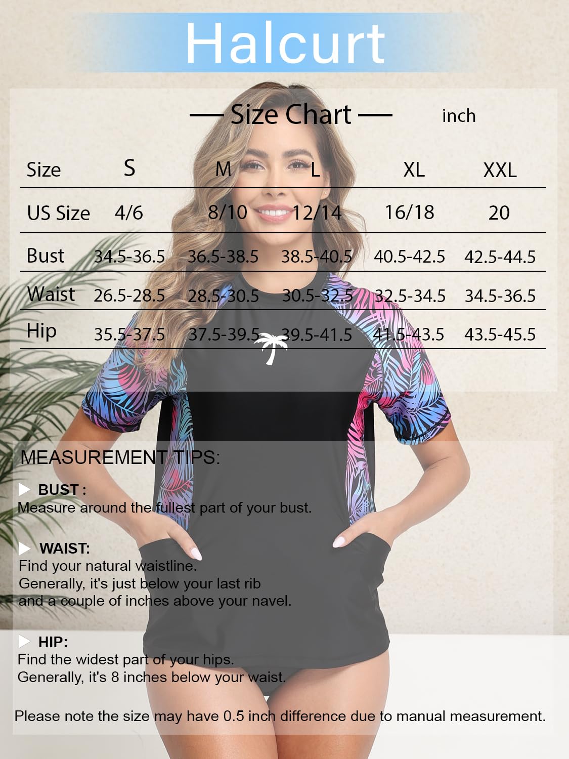 Halcurt Women's Short Sleeve Rash Guard Swimsuit Top with Pocket Swim Shirt Only UPF50+ Quick Dry Bathing Suit Palm M