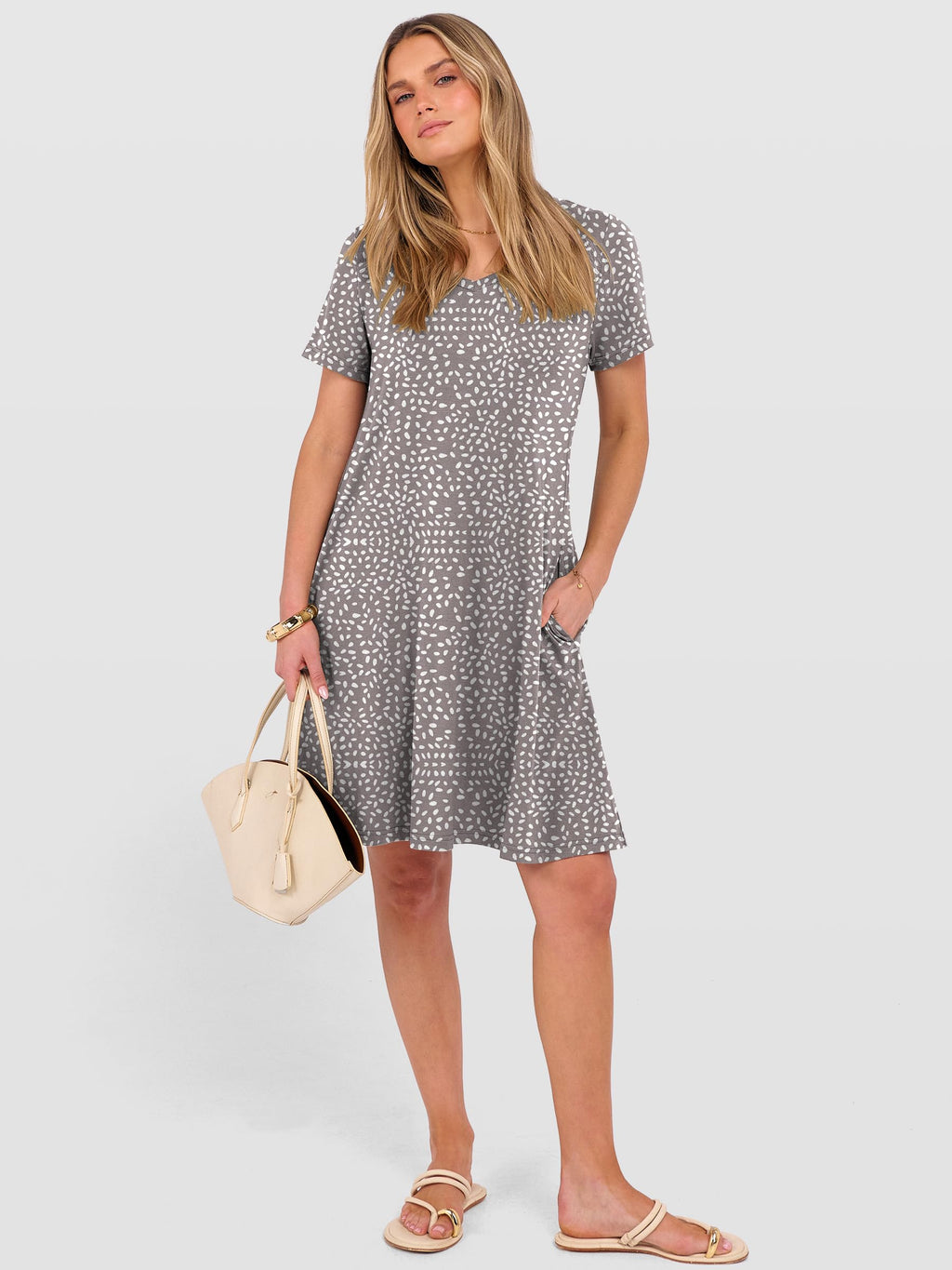 ANRABESS Women's Summer T Shirt Dress Casual V Neck Short Sleeve Floral Boho Flowy Mini Dresses 2026 Beach Vacation Clothes Light Brown White Spots Large