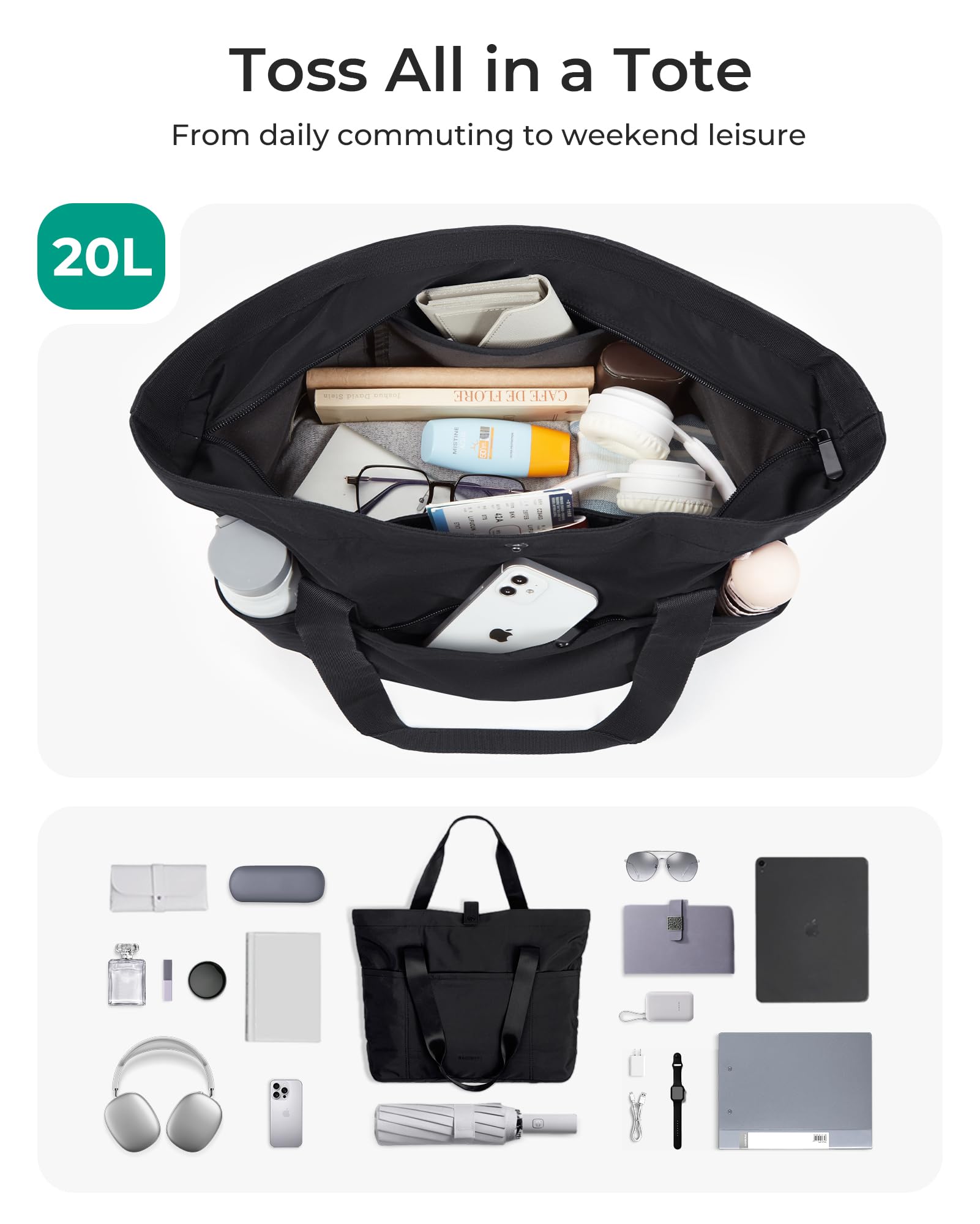 BAGSMART Tote Bag for Women, Foldable Tote Bag With Zipper Travel Large Shoulder Bag Handbag for Work