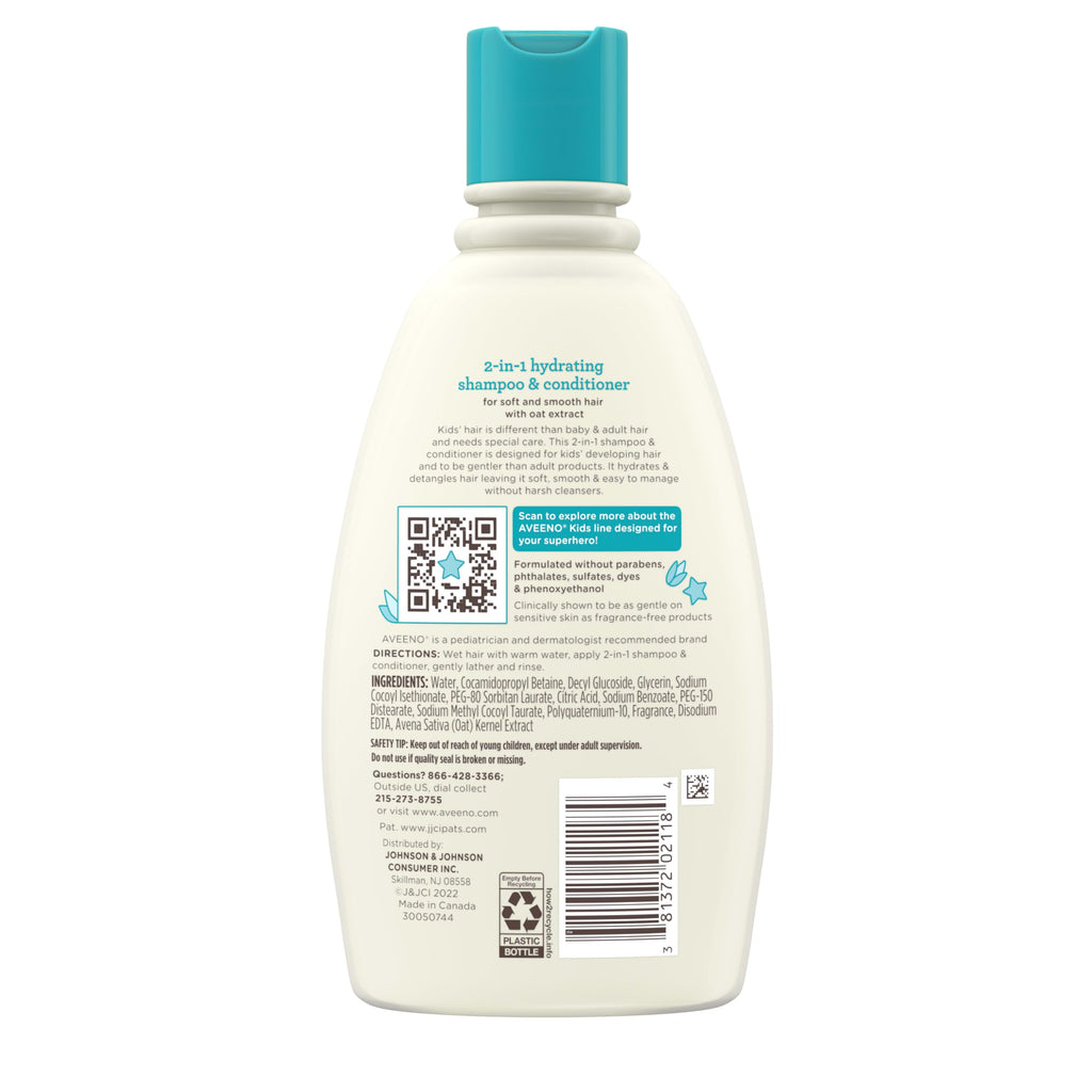 Aveeno Kids 2-in-1 Hydrating Shampoo & Conditioner, Gently Cleanses, Conditions & Detangles Kids Hair, Formulated With Oat Extract, For Sensitive Skin & Scalp, Hypoallergenic, 12 fl. oz