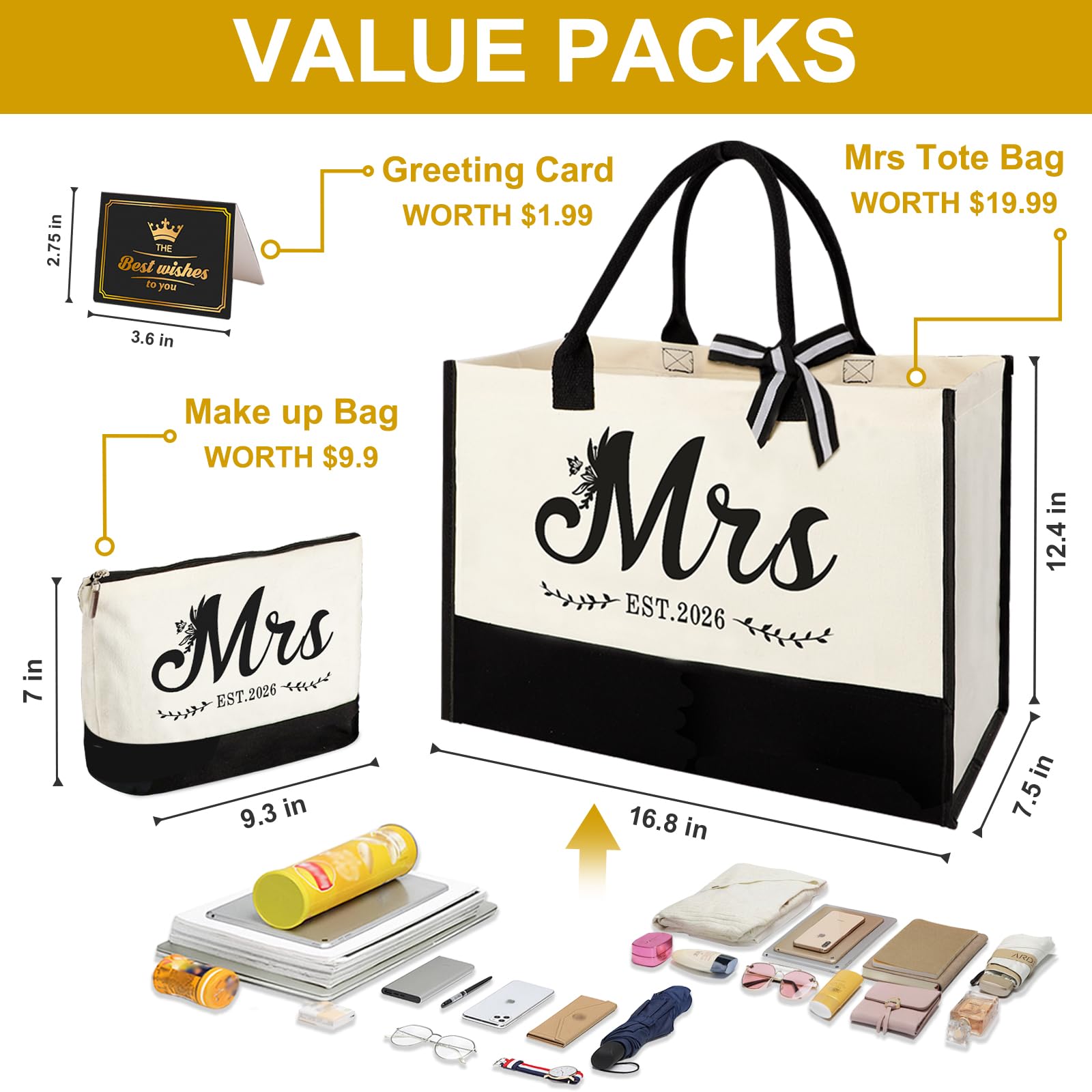 Vanqruo Mrs 2026 Bride Canvas Tote Bag with Makeup Bag, Wedding Gifts for Bridal Shower Bachelorette Party Engagement Honeymoon, Miss to Mrs, Bride to Be Gifts
