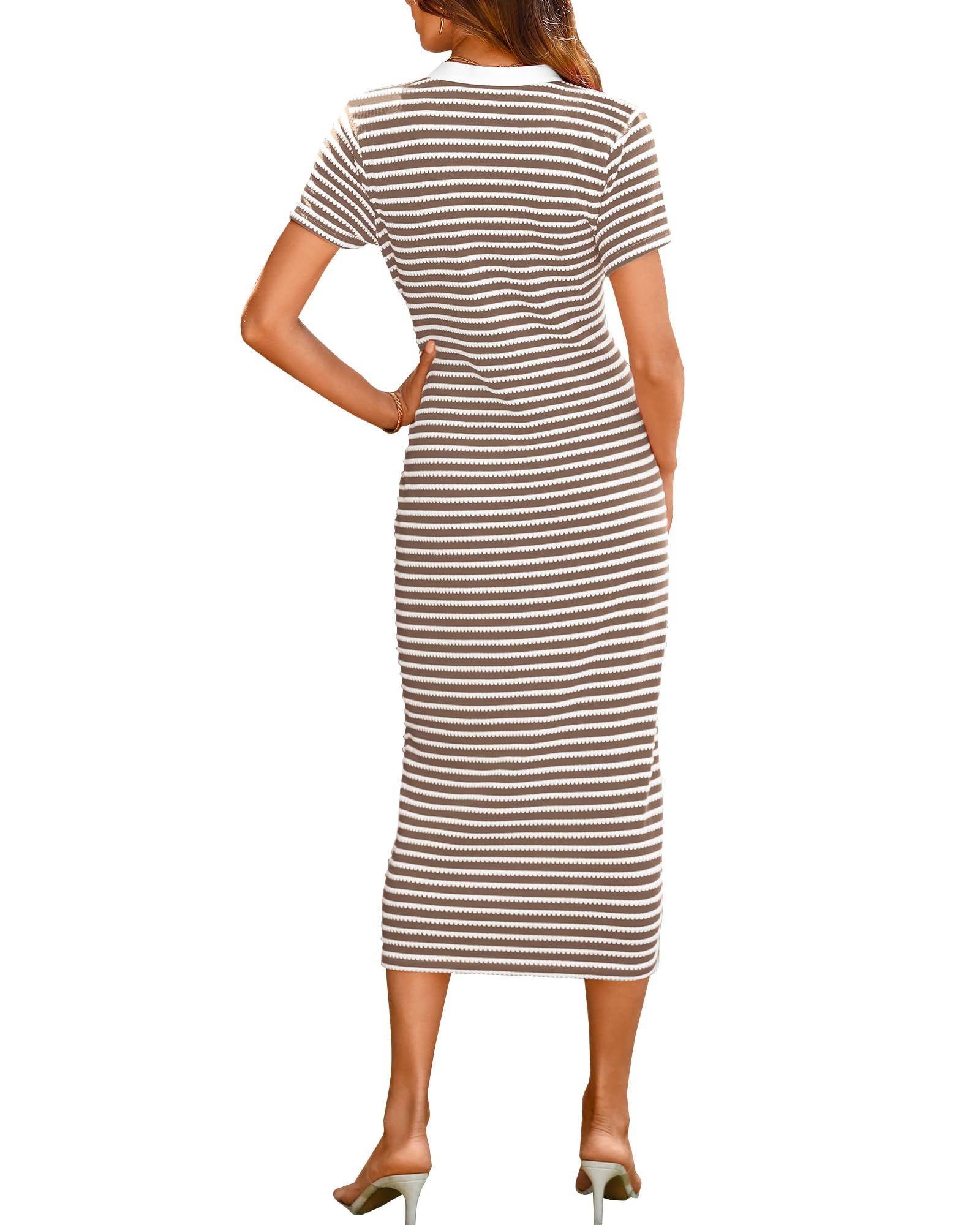 BTFBM Women Casual Summer Dresses Short Sleeve Striped Midi Dresses Decorative Button Ribbed Knit Party Dress(Brown,Large)