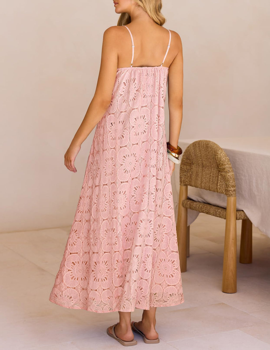 MEROKEETY Women's Summer Spaghetti Straps Sundress 2026 Casual Sleeveless Floral Lace Eyelet Boho Beach Maxi Dress, Pink, Medium