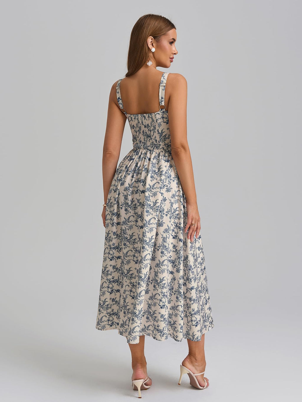 KUTUMAI Floral Corset Midi Dress Flowy Slit Summer Spring Wedding Guest Dresses for Women Sundress with Pockets BlueFloral M