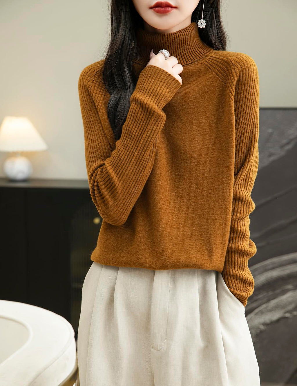 Chanyarn Women's Turtleneck 100% Merino Wool Sweater 2025 Fall Winter Classic Warm Soft Raglan Long Sleeve Knit Sweater (Caramel,S)