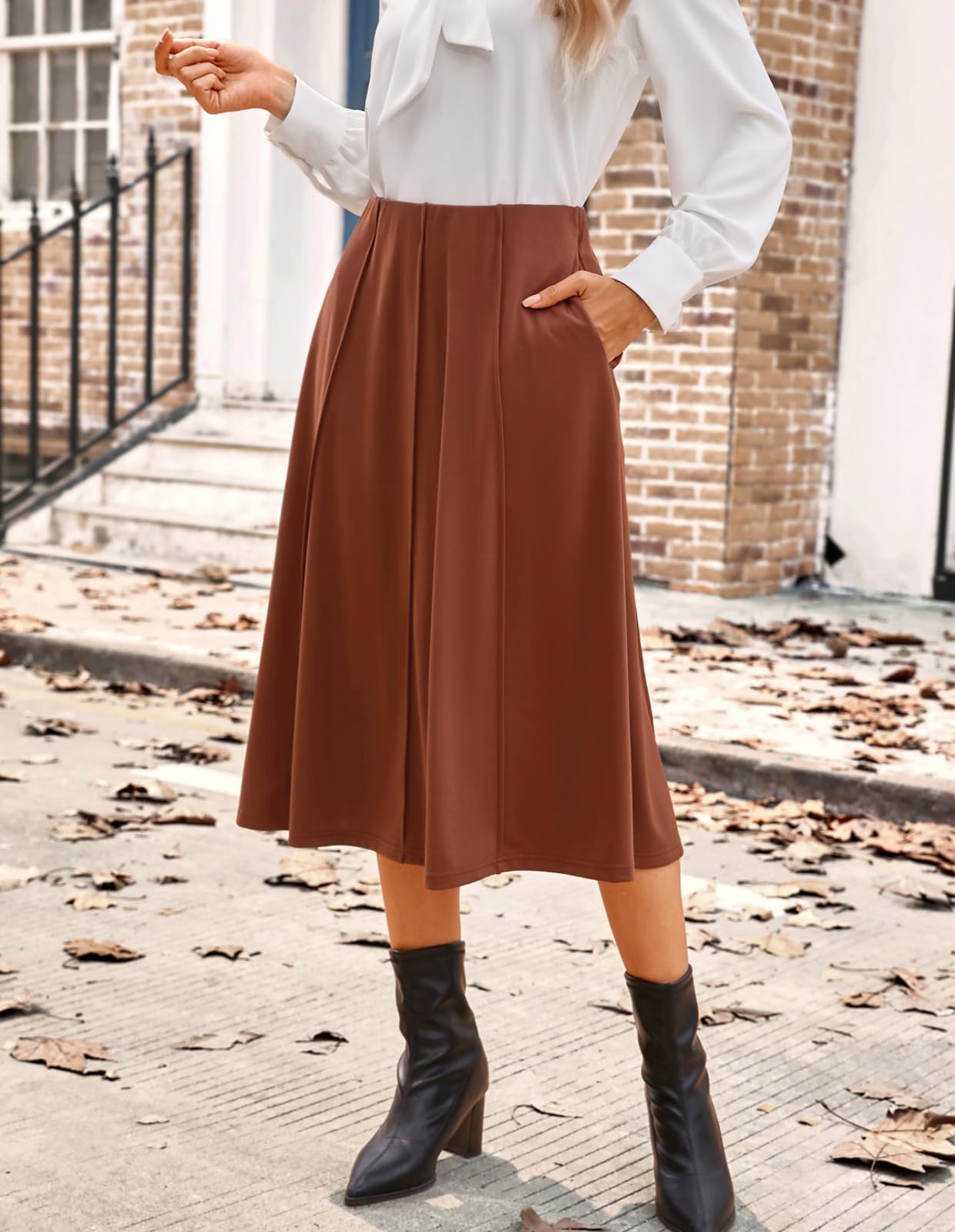 Kate Kasin Women's Long Brown Pleated Midi Skirt Fall Winter 2026 High Waisted Knee Length Flowy A Line Skirts with Pockets