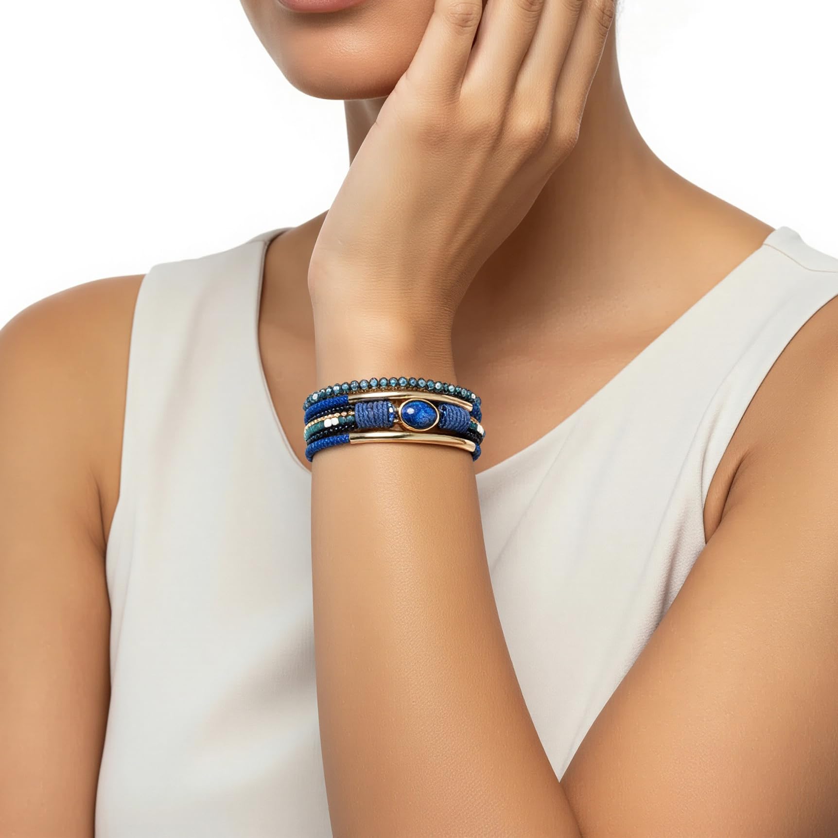 Edoneery Leather Wrap Bracelet for Women, Boho Handmade Multi-Layer Cuff with Crystal Beads Heart, Stackable Bangle Western Jewelry Gift(Crystal(Blue))