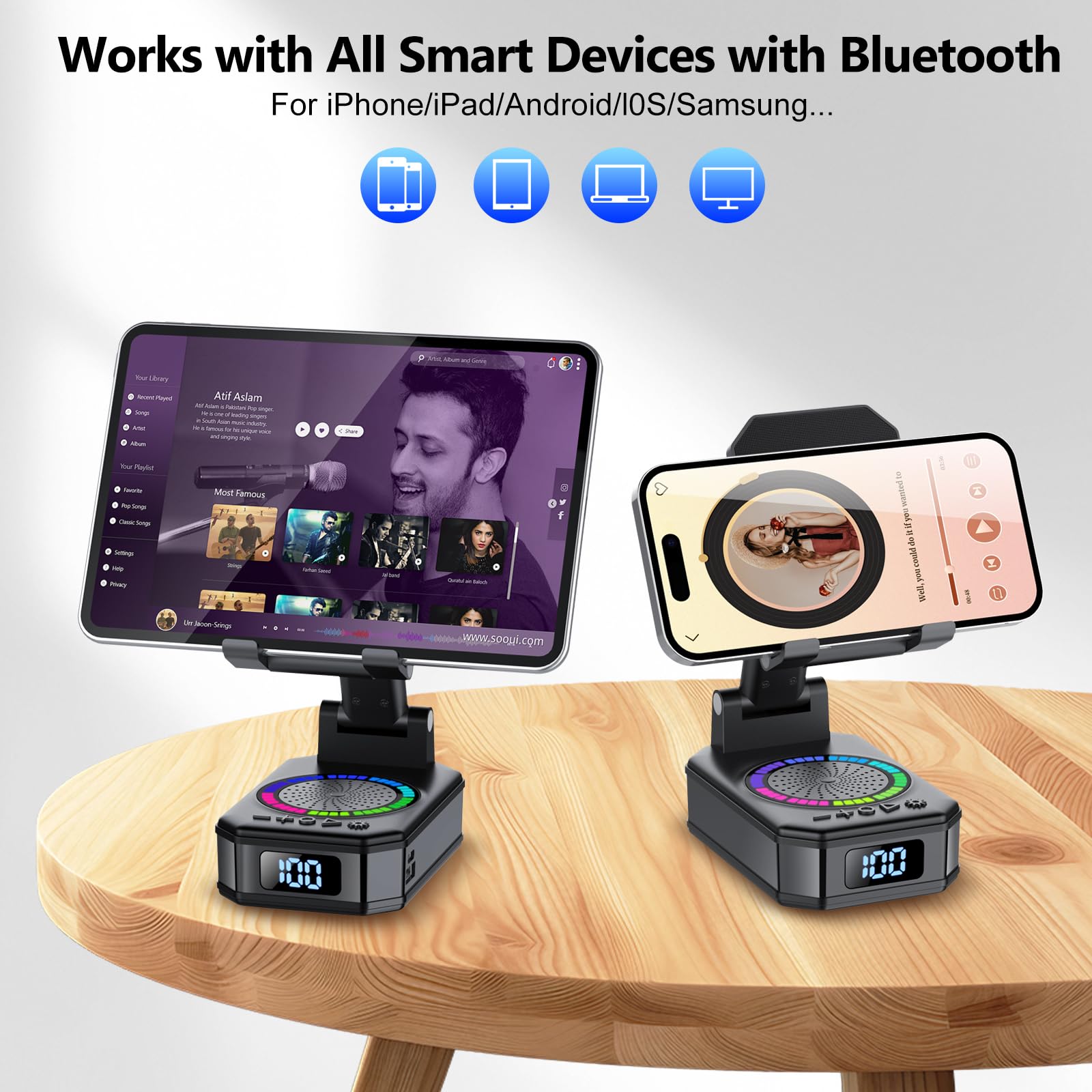 buwy Gifts for Men Women, Cell Phone Stand with Wireless Bluetooth Speaker and 8 RGB Ambient Light, Anti-Slip Base HD Surround Sound, Bluetooth Speaker for Desk Home and Outdoors
