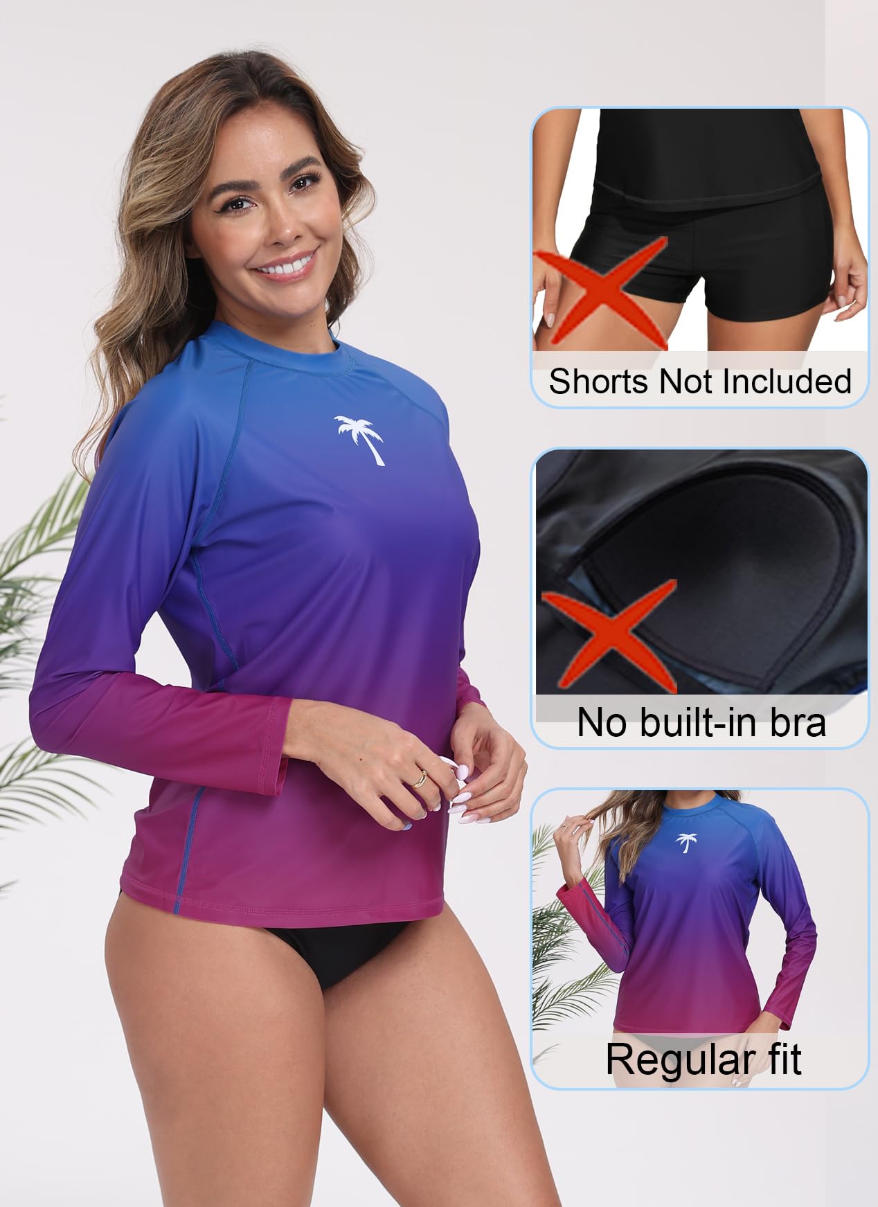 Halcurt Women's Long Sleeve Rash Guard Swim Shirts Quick Dry UPF50+ UV Sun Protection Swimsuit Top Ombre Blue M