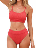 CUPSHE Women's Bikini Set Two Piece Swimsuits High Waisted Scoop Neck Spaghetti Adjustable Straps Textured, M