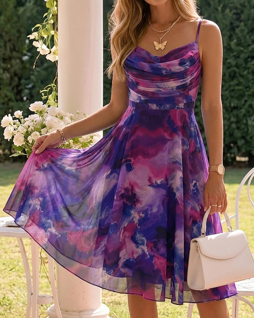 CHICME Womens Tie Dye Mesh Midi Dress 2026 Summer Cowl Neck Adjustable Strap A Line Cinched Zipper Back Cocktail Party Dress-DPU-L Dark Purple