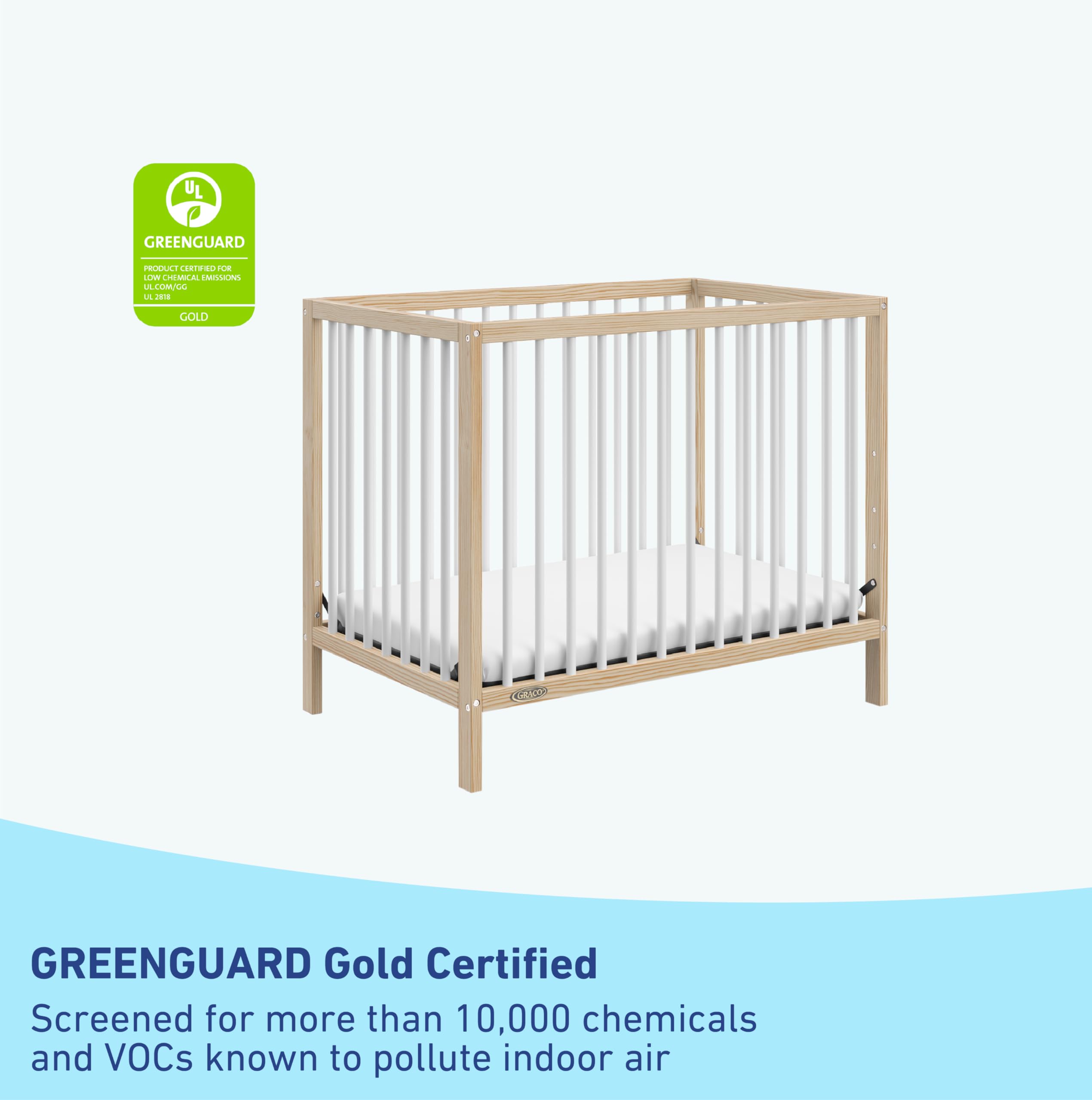 Graco Teddi 4-in-1 Convertible Mini Crib with Bonus Water-Resistant Mattress (Natural with White) – GREENGUARD Gold Certified, 2.75-Inch Mattress Included, Convenient Size, Easy 30-Minute Assembly