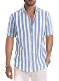 JMIERR Men's Summer Casual Stylish Short Sleeve Button-Down Shirts Cotton Linen Vertical Striped Business Dress Shirts Beach Shirt, L, Sky Blue