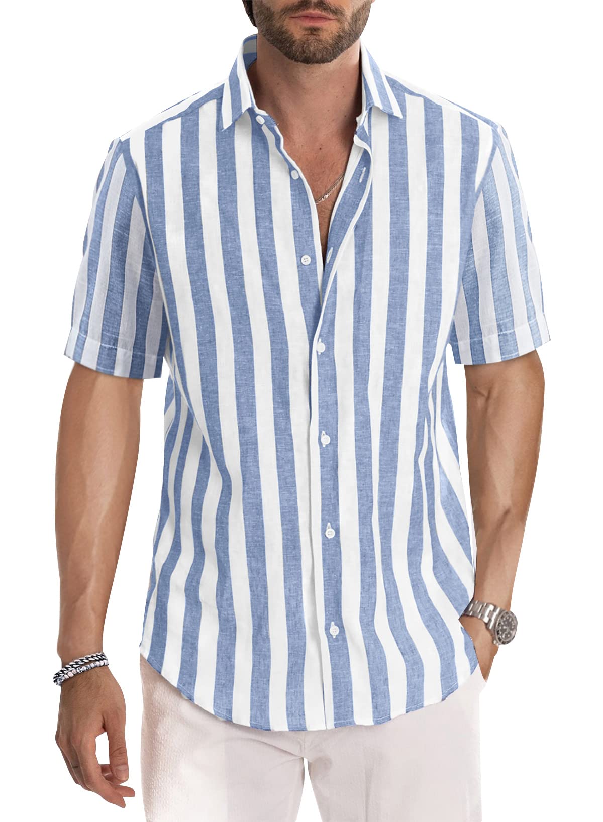 JMIERR Men's Summer Casual Stylish Short Sleeve Button-Down Shirts Cotton Linen Vertical Striped Business Dress Shirts Beach Shirt, L, Sky Blue