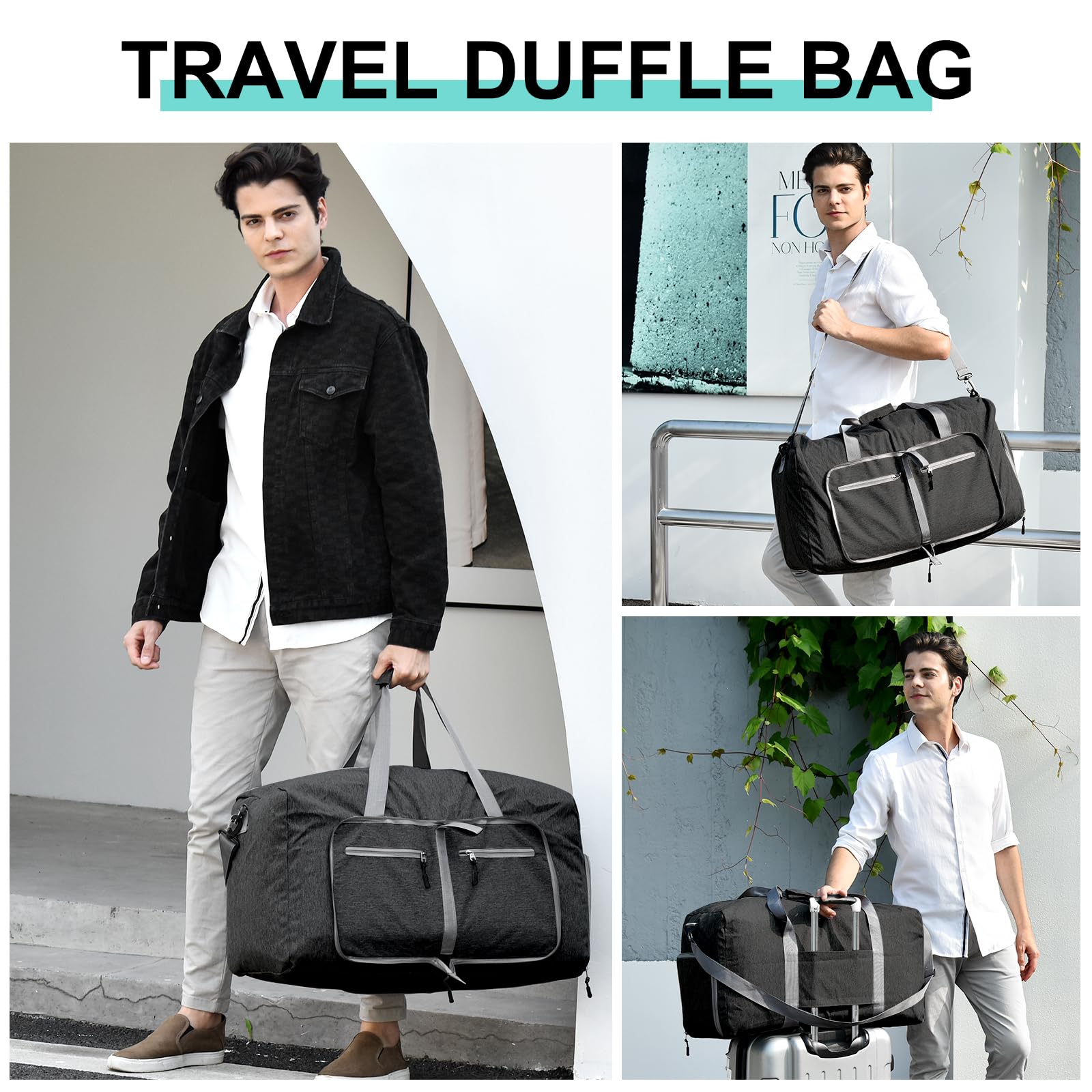 Dimayar 40L Travel Duffle Bag for Men Women - Foldable Duffel Bag with Shoes Compartment - Overnight Bags Waterproof & Tear Resistant(Black)