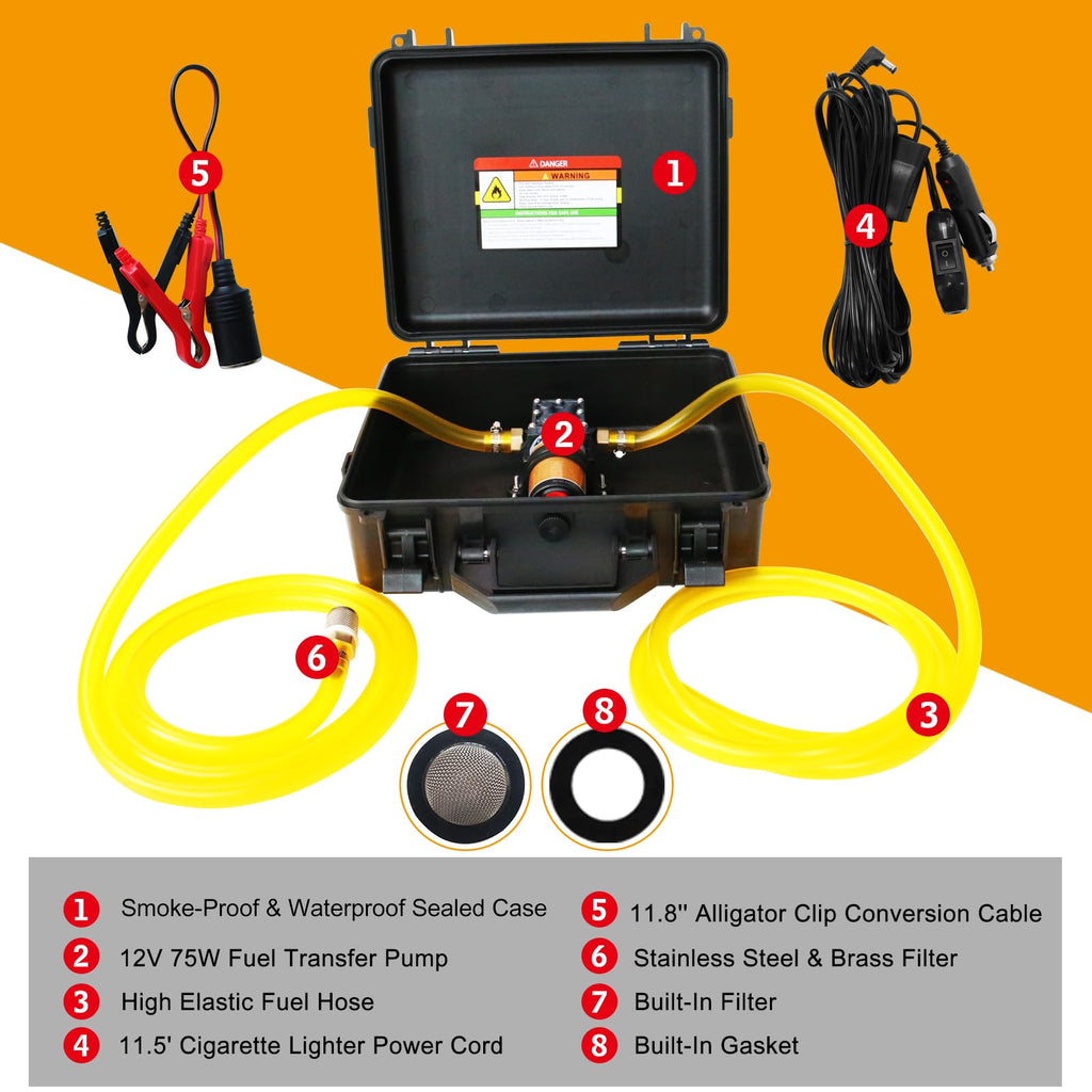 Steauty 12V 75W Fuel Transfer Pump Kit, Moves Up to 110 Gallons Of Gas or Diesel Per Hour, with High Elastic Fuel Pipe & 2 Power Cables, Great for Vehicles, Boats, Equipment, Gasoline, Diesel