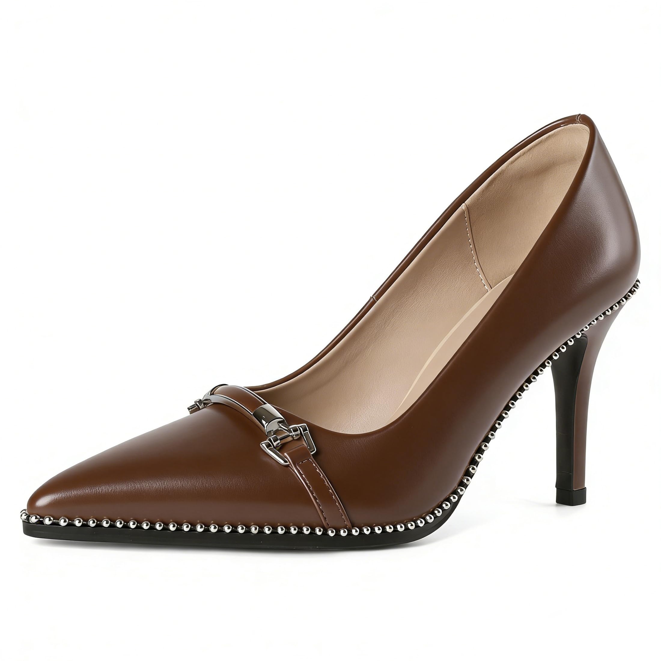 Younton Brown Pumps Stiletto High Heeled Pump for Work Pointy Toe Heel Beaded Heels with Metal Buckle 9 CM Faux Leather US Size 7.5