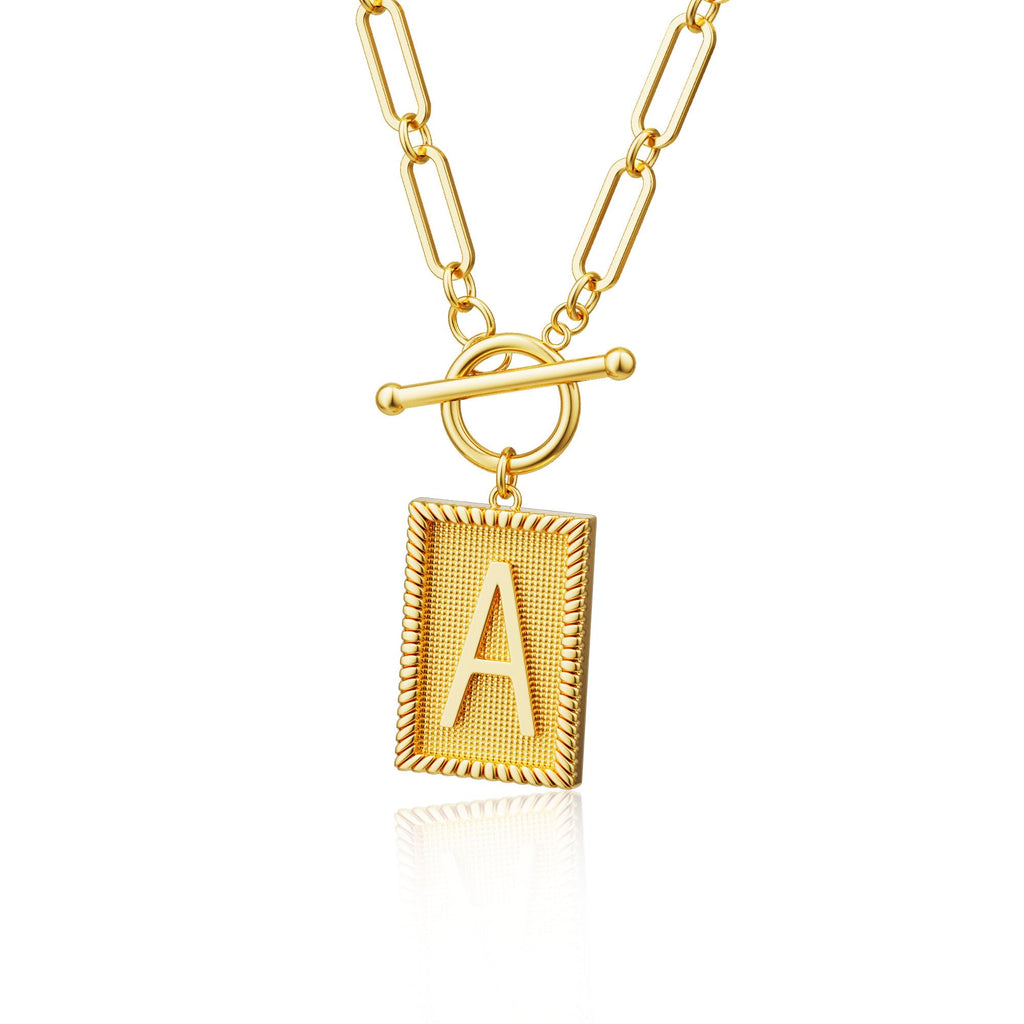 Tewiky Gold Initial Necklaces for Women, Toggle Clasp Square Letter Pendant Necklace Trendy 14K Gold Plated Dainty Paperclip Chain Necklaces for Women Jewelry Gifts