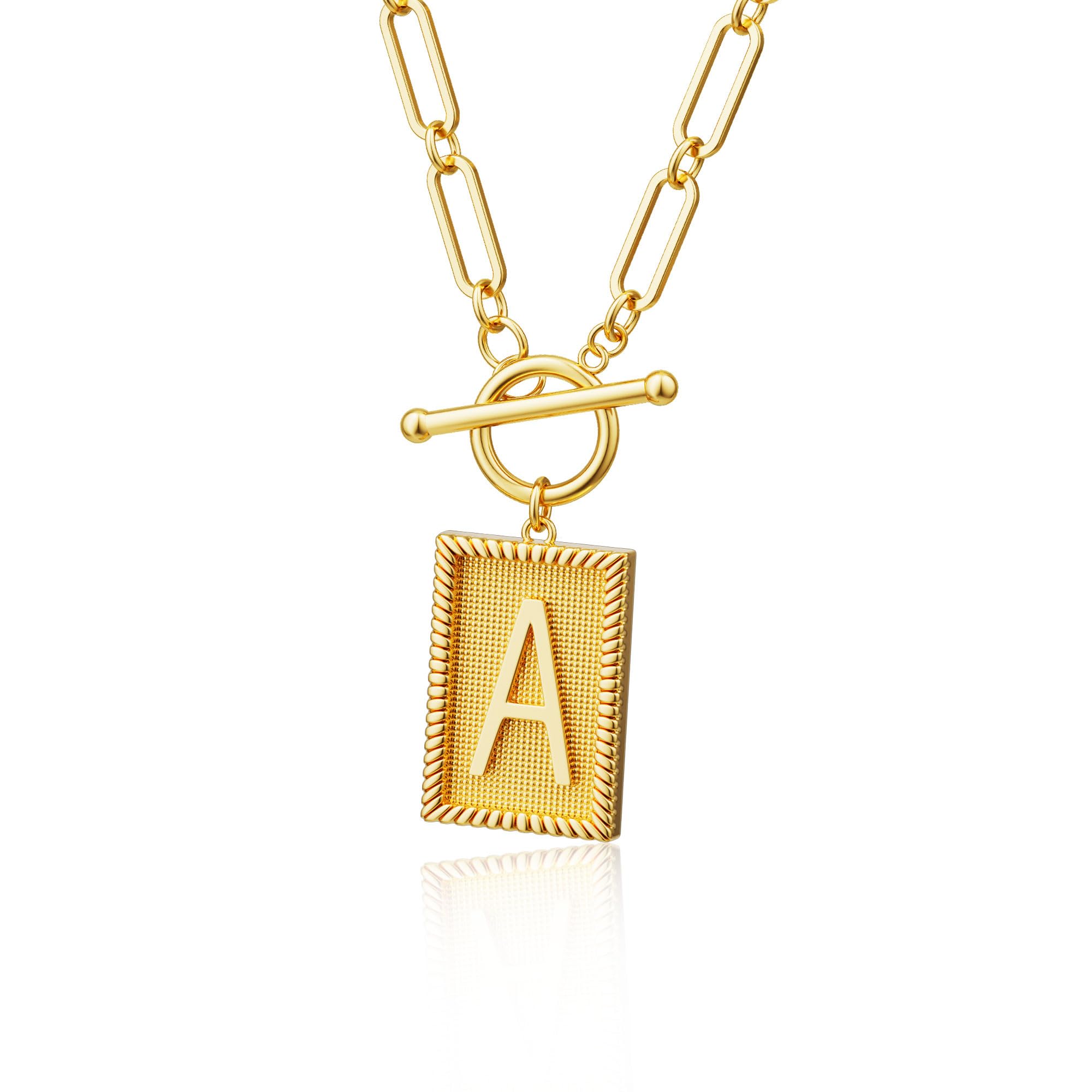 Tewiky Gold Initial Necklaces for Women, Toggle Clasp Square Letter Pendant Necklace Trendy 14K Gold Plated Dainty Paperclip Chain Necklaces for Women Jewelry Gifts
