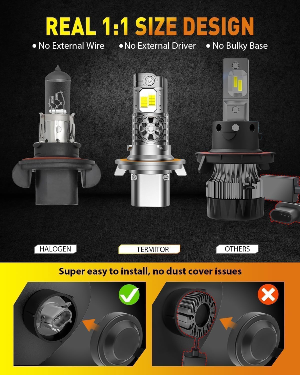 Termitor Upgraded H13/9008 LED Bulbs, 80,000LM Brightness, 85000+ Hours Long Service Life, 6500K Cool White, Real 1:1 Halogen Size Fog Lights, 3 Mins Plug N Play, Pack of 2