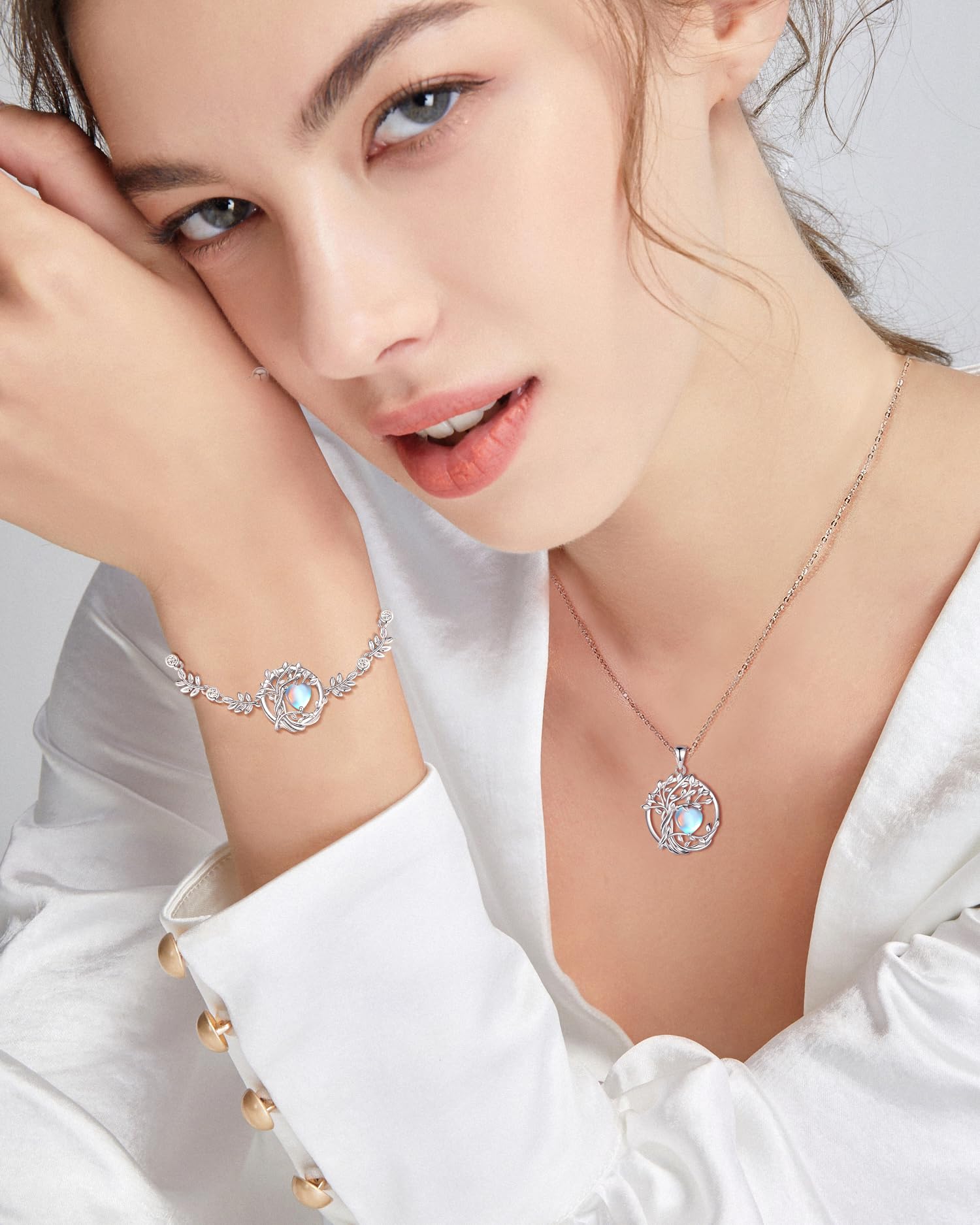 FANCIME Tree of life June Birthstone Bracelet for women Sterling Silver Tree Jewelry Moonstone Charm Bracelet Rainbow Gemstone Anniversary Birthday Christmas Gifts for Wife Mom Her