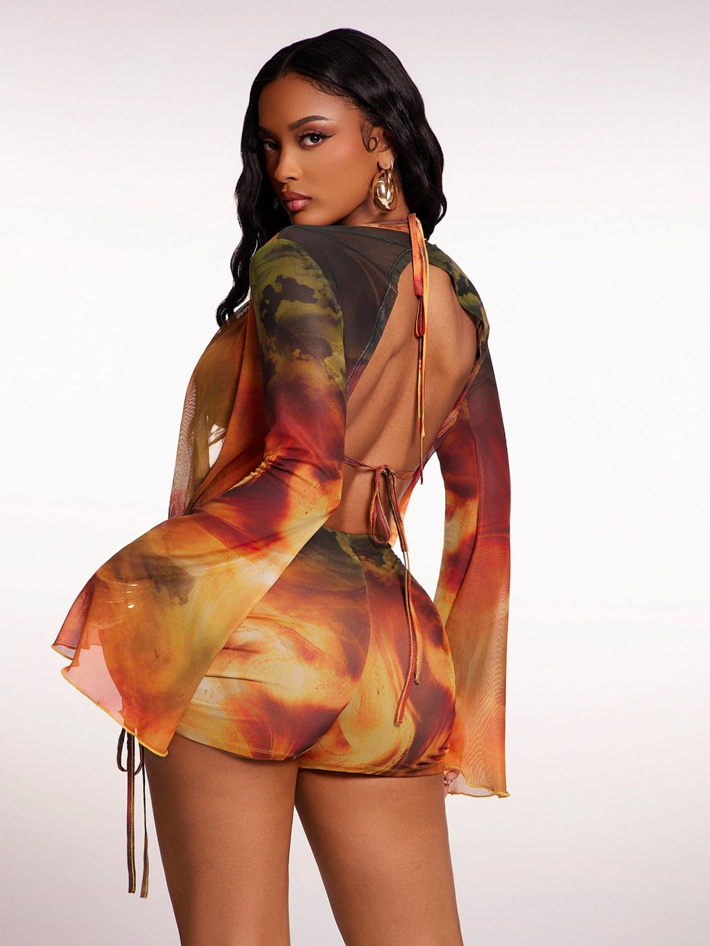 WDIRARA Women's Tie Dye 3 Piece Outfits Draped Mesh Ruched Shorts Set Beach Vacation Outfits Multicolor X-Large