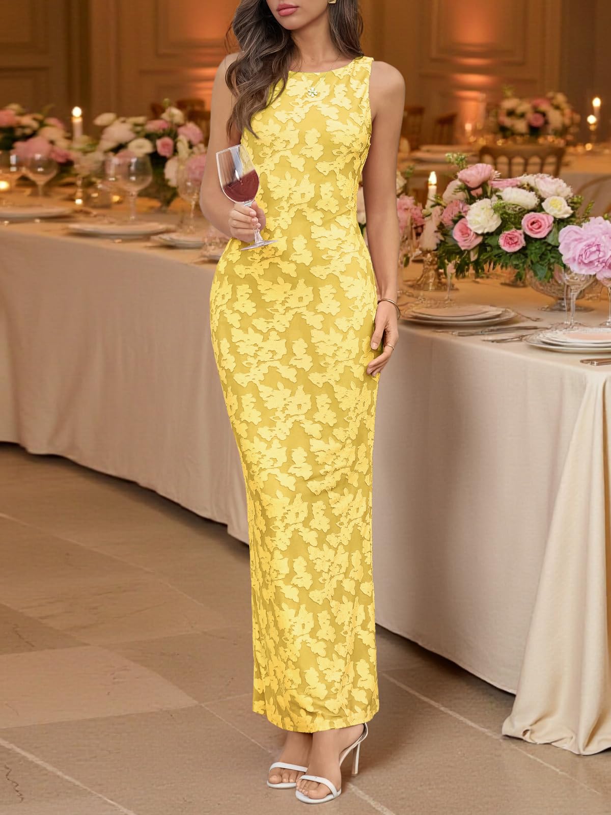 Wenrine Womens Summer Floral Maxi Dress Mesh Sleeveless Tank Dresses Slit Bodycon Party Cocktail Wedding Guest Dress Yellow