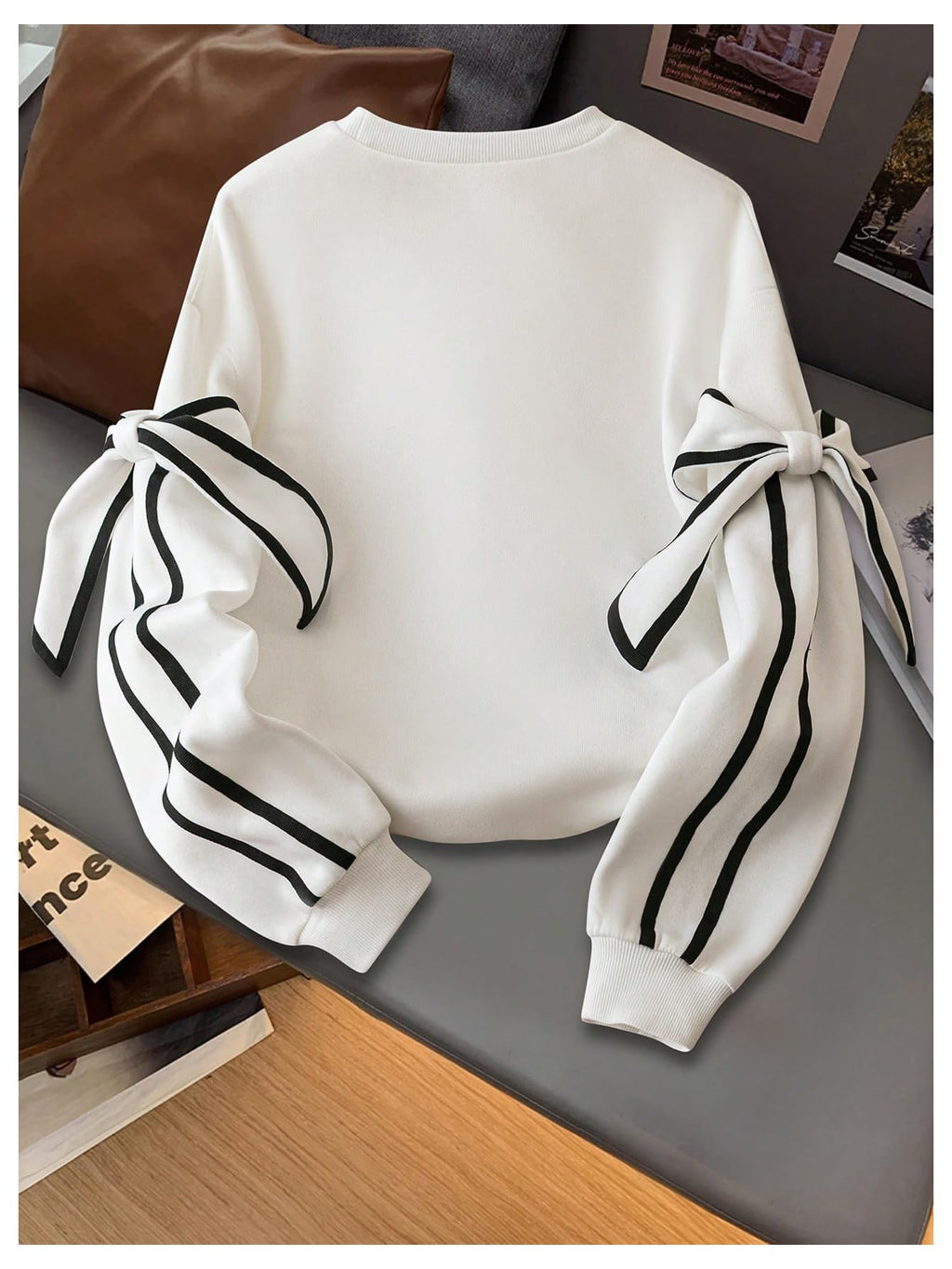 WDIRARA Women's Bow Oversized Sweatshirt Y2k Crew Neck Long Sleeve Pullover Tops White Large