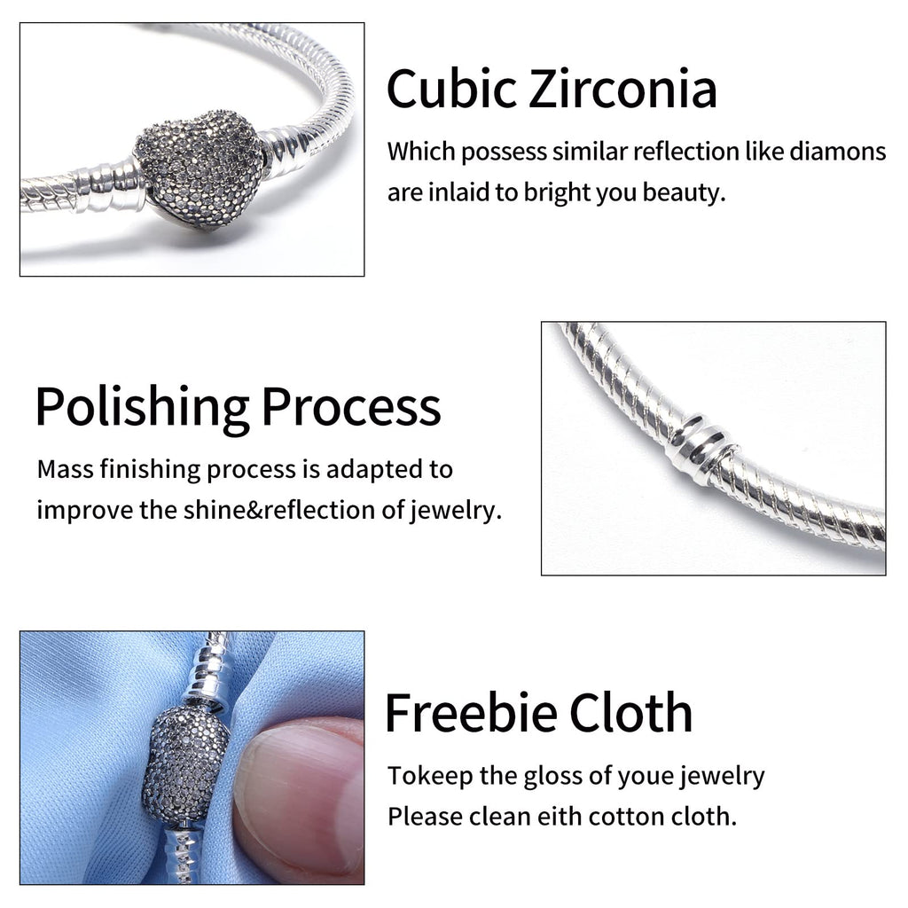 WAKCTFERG Charm Bracelet Fit For Charm beads, 925 Sterling Silver Cubic Zirconia Heart Clasp Snake Chain Bracelet Fit Any Charm Gift for Women Girl Suitable for people aged 12 to 80 (ZLL-10, 7.9in/20cm)