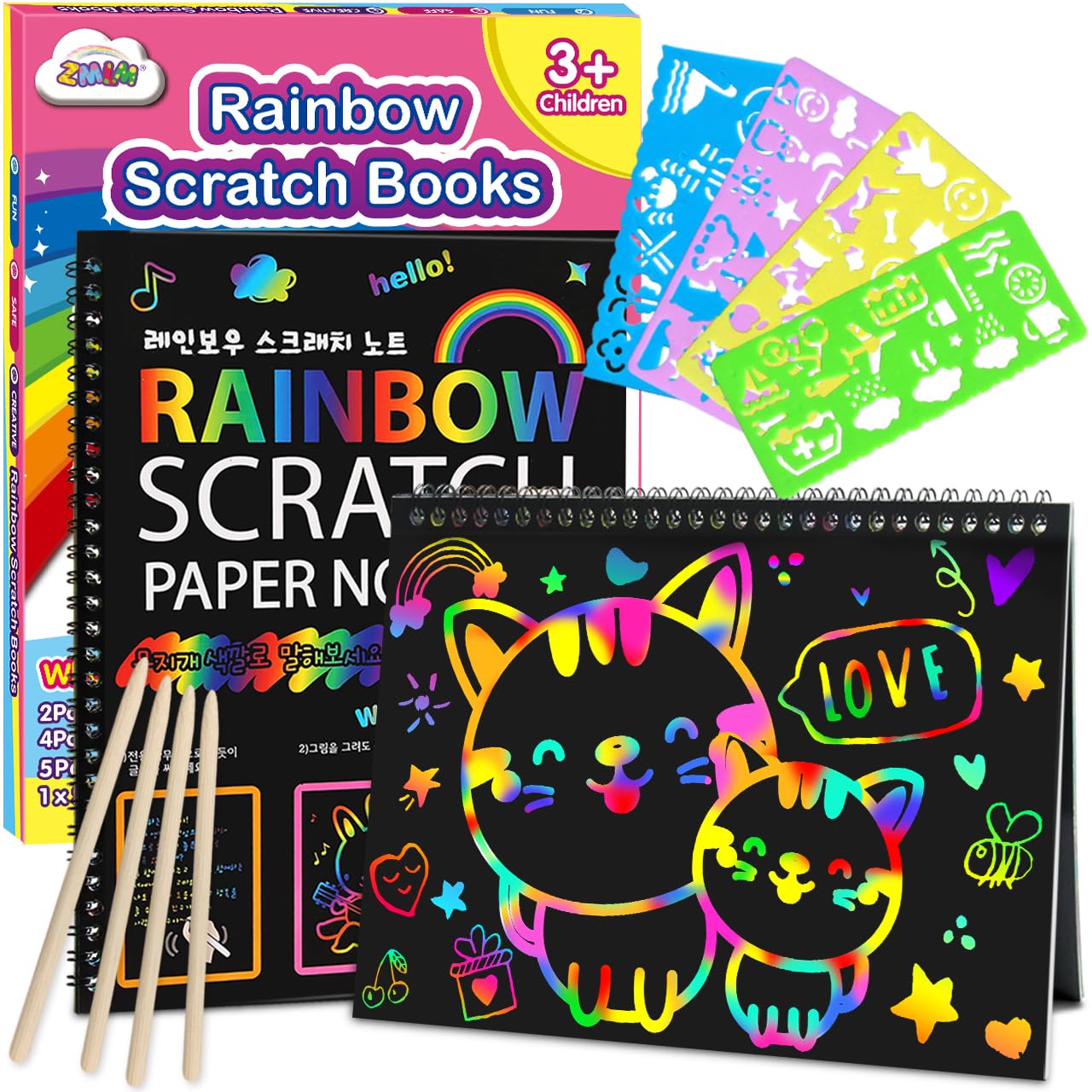 ZMLM Scratch Paper Art-Crafts Gift: 2 Pack Rainbow Notebooks Supplies Toys Easter Basket Stuffers for 3 4 5 6 7 8 9 10 Years Old Girls and Boys Kids Valentine's Day Birthday Party Games (Pink)