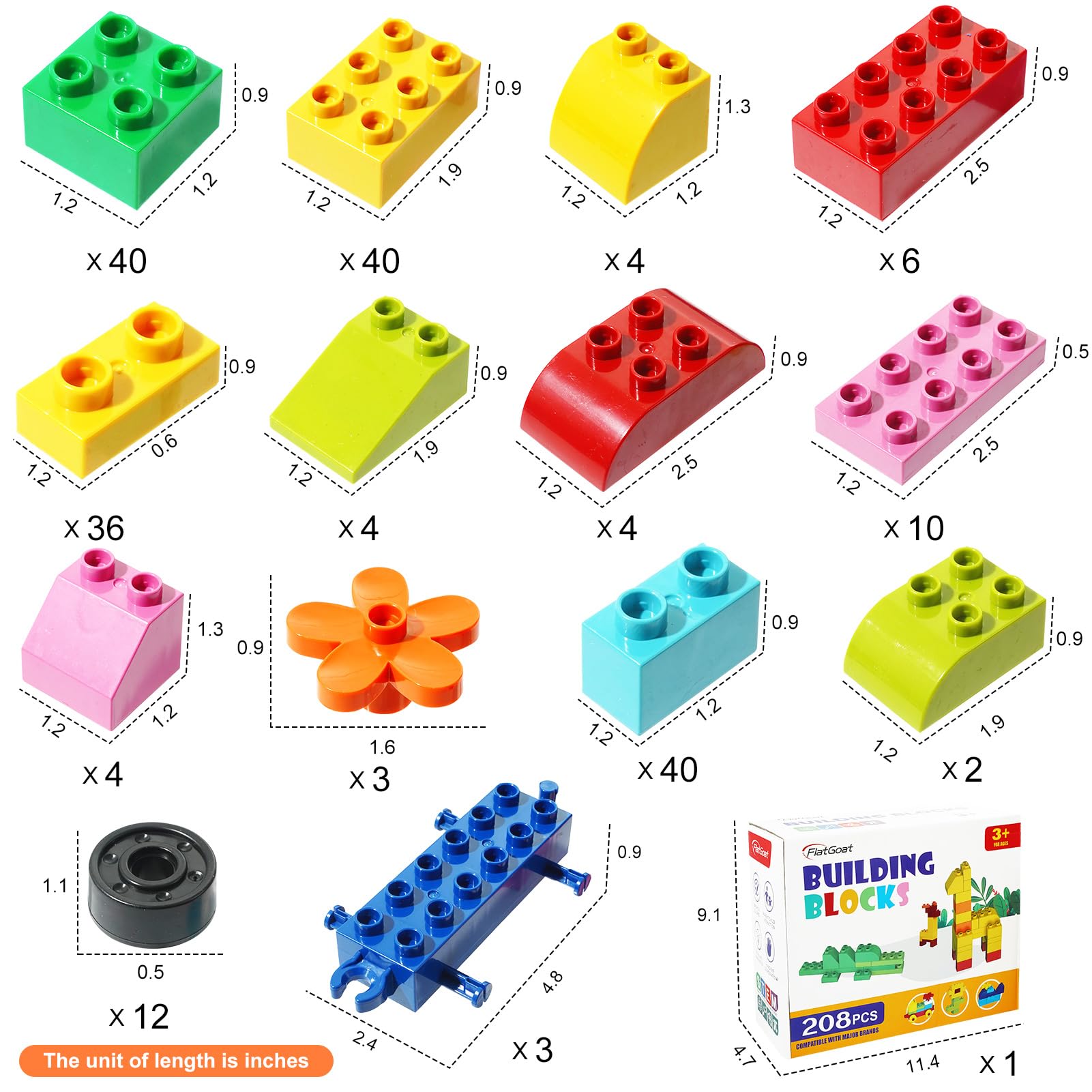FlatGoat Building Blocks 208 Piece Set Compatible with All Major Brands, Classic Big Bricks for Kids Toddlers, STEM Large Building Toys with Gift Box for Boys Girls Ages 3 4 5 6 7 8+