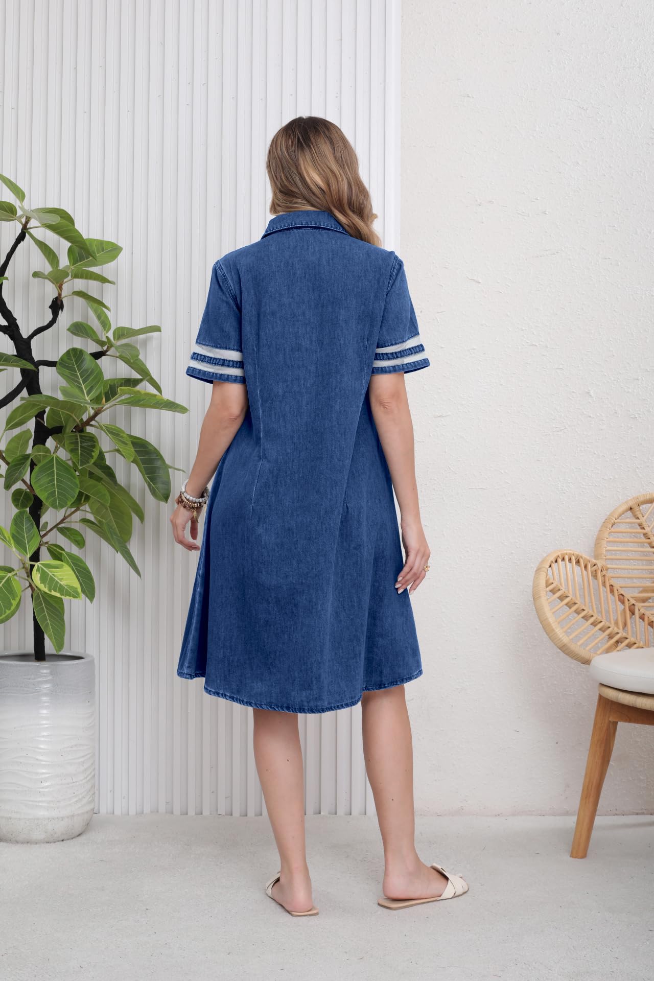 utcoco Denim Dress for Women 2025 Casual Tulle Short Sleeve Button Jean Midi Dress with Pockets (Large, Dark Blue)