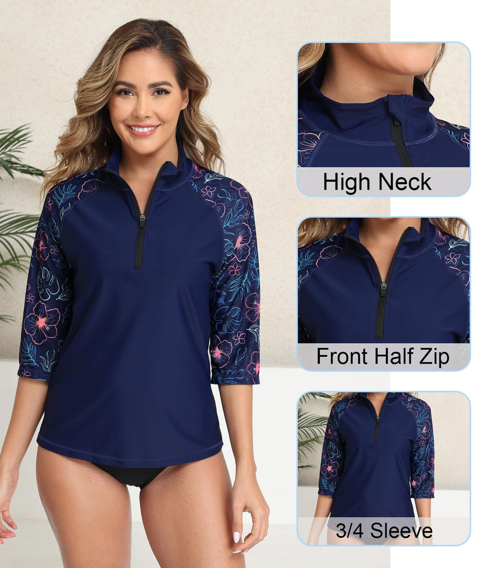 Halcurt Women's 3/4 Sleeve Rash Guard Swimsuit Top High Neck Half Zip Swim Shirt Only UPF50+ Quick Dry Bathing Suit Floral M
