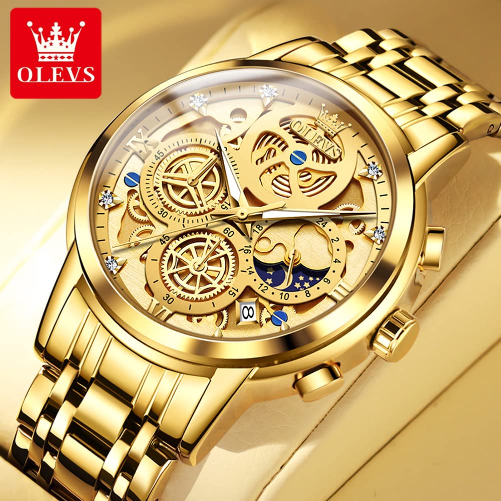 OLEVS Gold Watches for Men Stainless Steel Luxury Diamond Watch Chronograph Multifunction Business Mens Gold Watch with Date Mens Classic Dress Casual Watches Waterproof Sport reloj de hombre Gift for Men