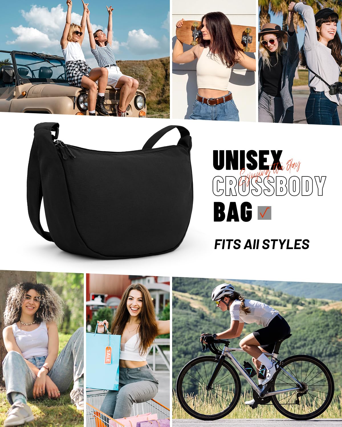 Crossbody Sling Bag for Women Men Trendy, Crescent Bag with Adjustable Strap, 2 Zippers Lightweight