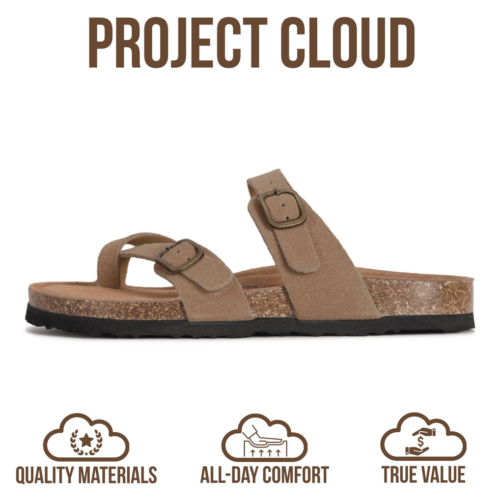 Project Cloud 100% Genuine Leather Womens Sandals -Lightweight Womens Slides Memory Foam Insole & Cork Footbed Sandals Women - Non-Slip Beach Essentials Summer Sandals for Women 2026(LianW,CHSTNT,8.5)