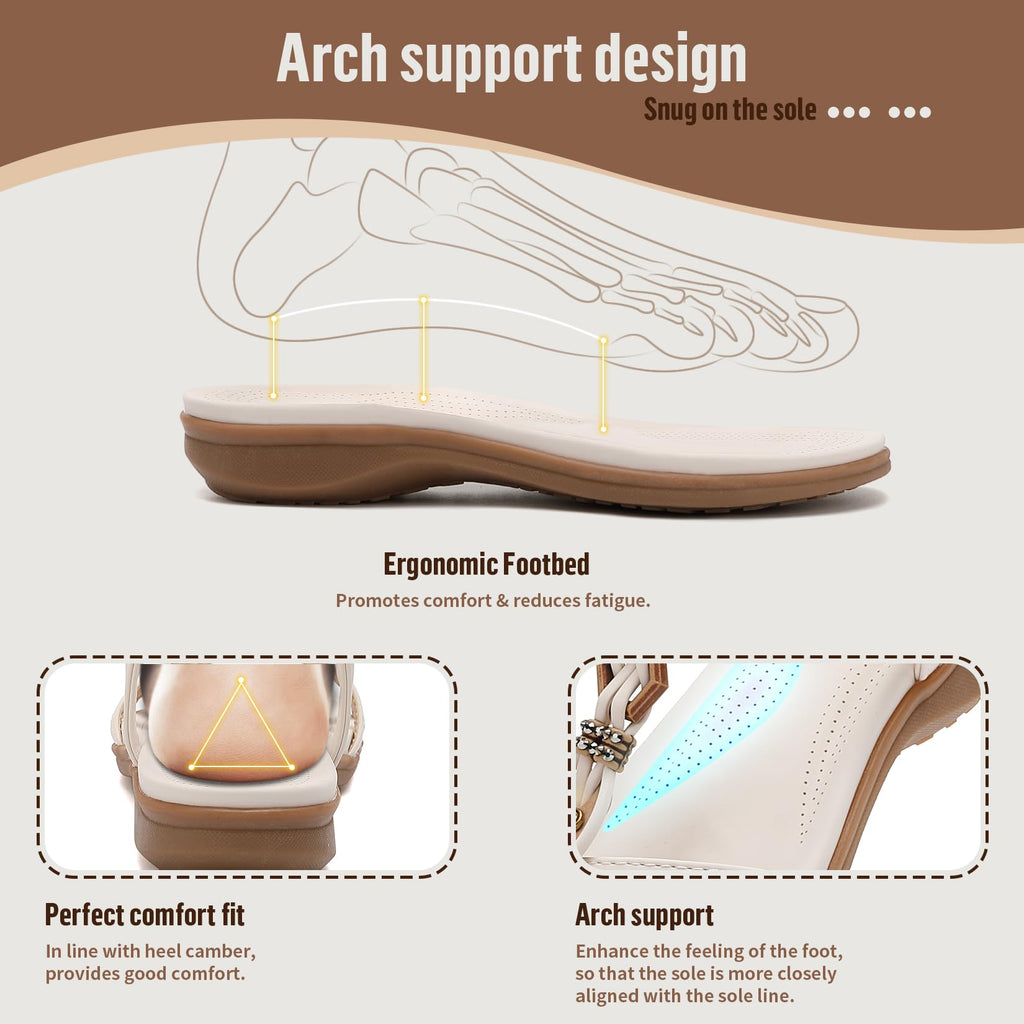 Littleplum Womens Flat Sandals Arch Support Summer Beach Sandals Comfort Walking Shoes Dress Ankle Elastic Bohemian Sandals for Women White Size 8.5