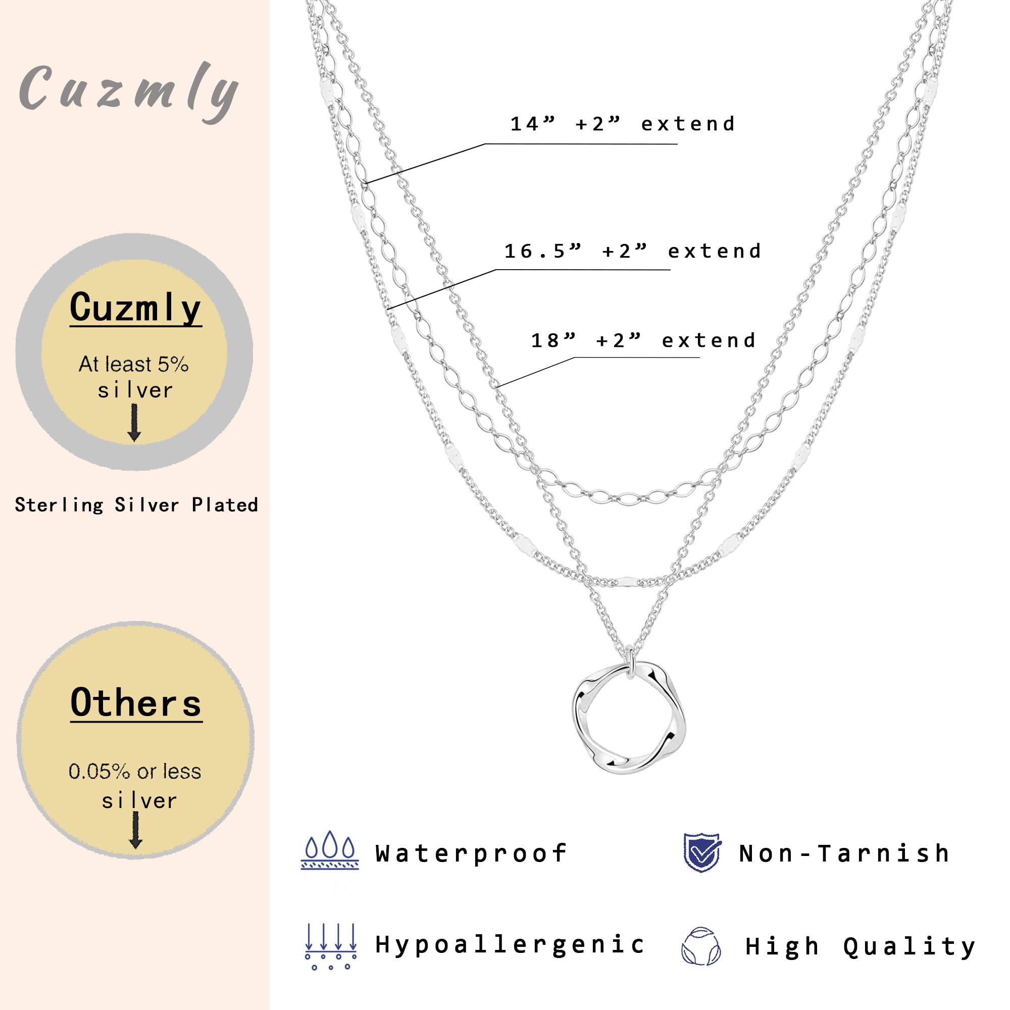 Cuzmly Layered Silver Necklaces for Women, 925 Sterling Silver Stackable Choker Necklaces for Women Trendy Layering Circle Pendant Chain Necklace Set Jewelry Gifts for Women Teen Girls, Brass, No