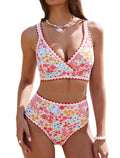 ZAFUL Womens High Waisted Bikini Sets Floral Print Whip Stitch Two Piece Swimsuit Crisscross Tie Back Bathing Suits 2026 Red Large