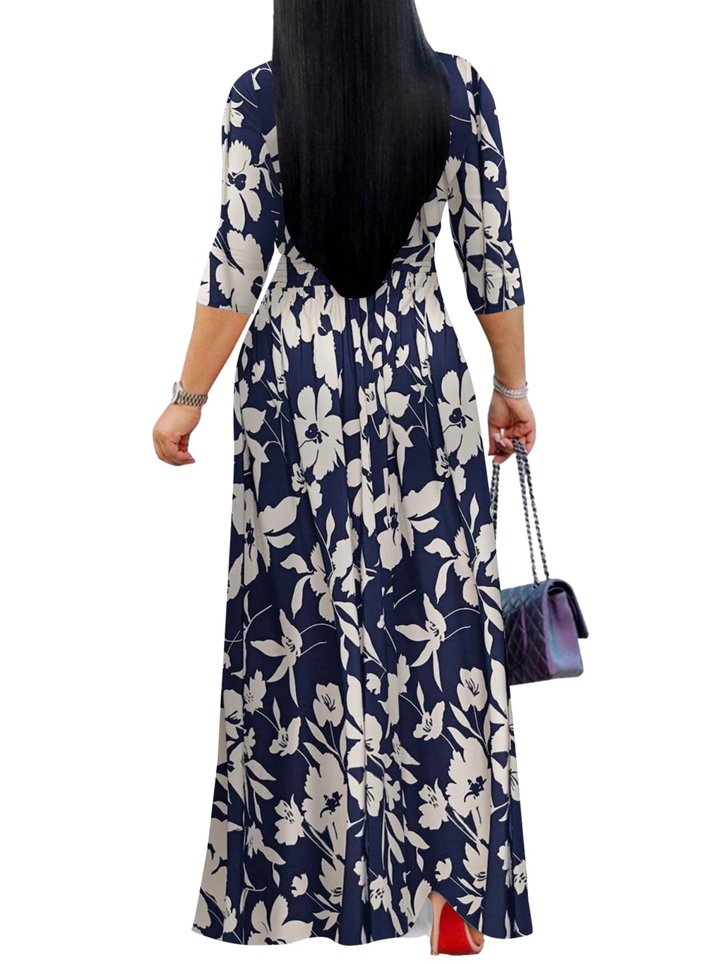 Yajedo Women's Maxi Dress 3/4 Sleeves V Neck Cocktail Party Belted Wrap Sundress Floral Print 3/4 Sleeve Long Maxi Dresses