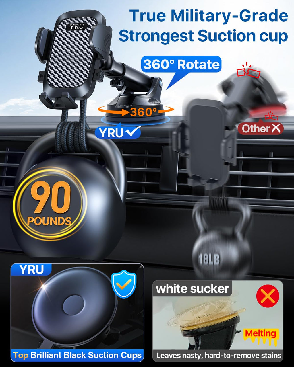 YRU True Military-Grade [360° Rotation Suction] 2026 Ultimate Car Phone Holder Mount 【90+LBS Safest Strongest & Patent Certs】 Dashboard Windshield Vent for iPhone 17 16 Pro Max Samsung, Gloss Black