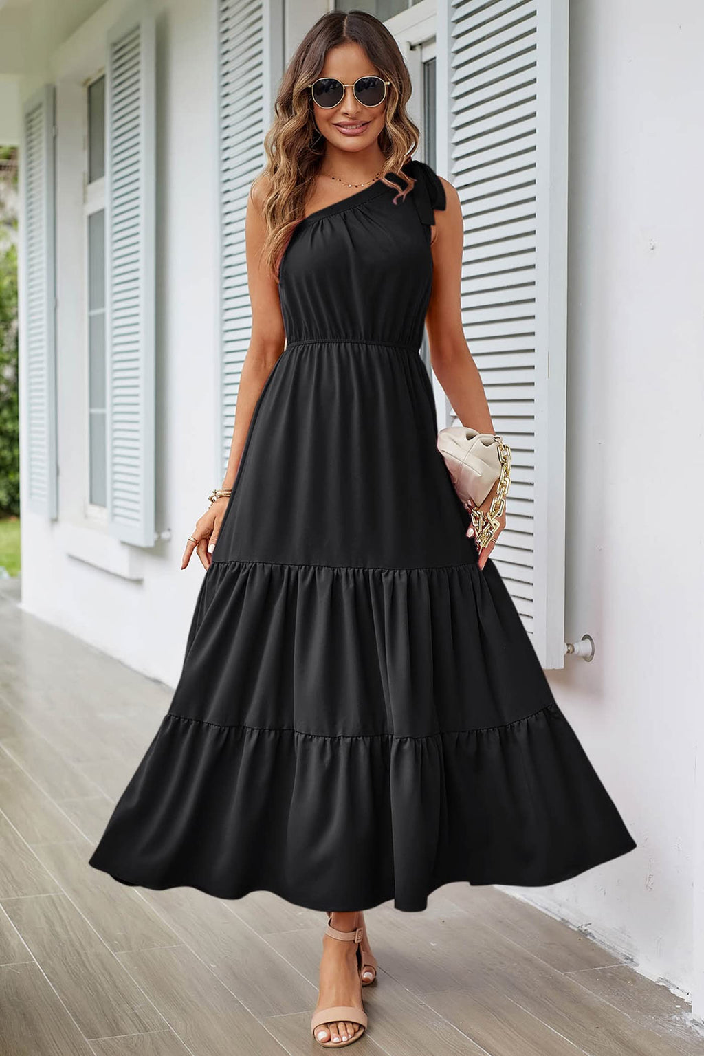 PRETTYGARDEN Women's Summer Floral Maxi Dress Knot One Shoulder Sleeveless Ruffle Flowy Boho Beach Wedding Guest Dresses (Solid Black,XX-Large)