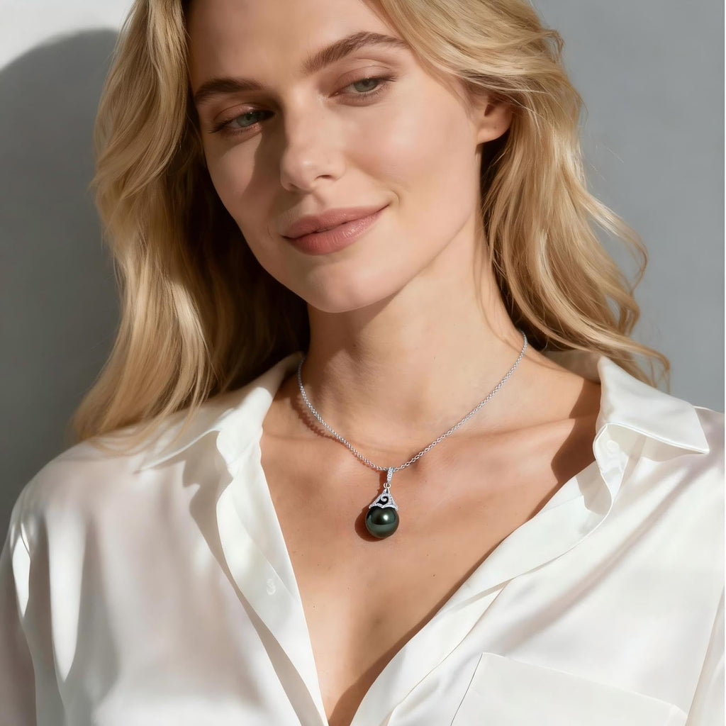 Natural Tahitian Black Pearl Necklace - Christmas Gift for Wife Mom Daughter Sister Women, Jewelry Gifts for Wedding Anniversary Birthday, 9-10mm Seawater Pearl Sterling Silver Moissanite Pendant