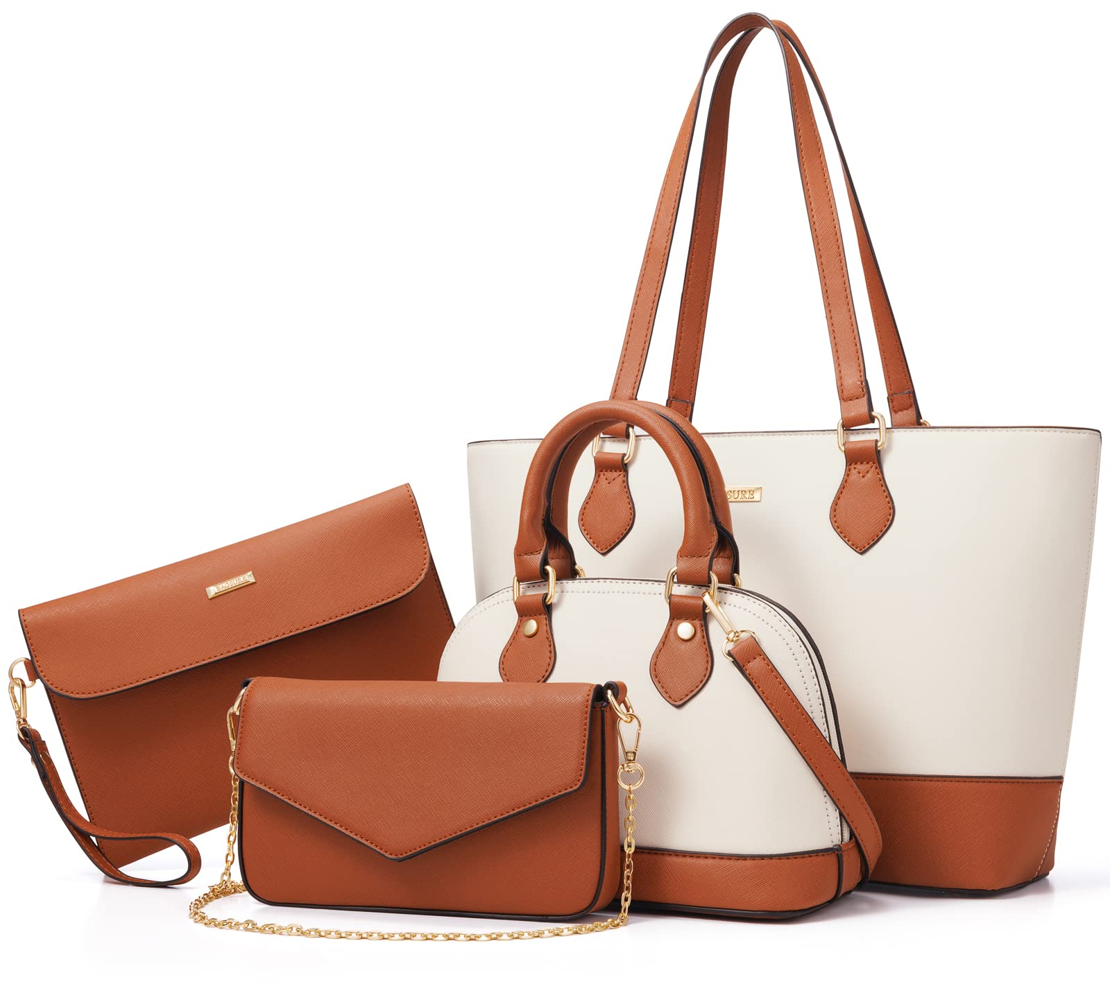 Bagsure Women's Handbag Set, Tote Bag 4pcs, Brown and White Synthetic Leather, Fashion Purse Sets for Work, Shopping, Outdoors