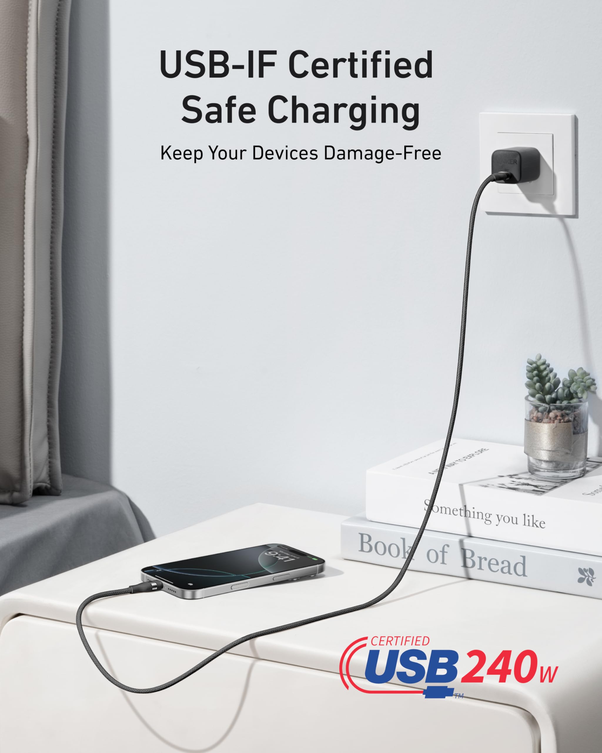 Anker Nano USB C Cable, 240W Flexible Multi-Color Braided Cord, Fast Charging Type C Charger for iPhone 17 Series, MacBook Pro and More (Black, 6ft)