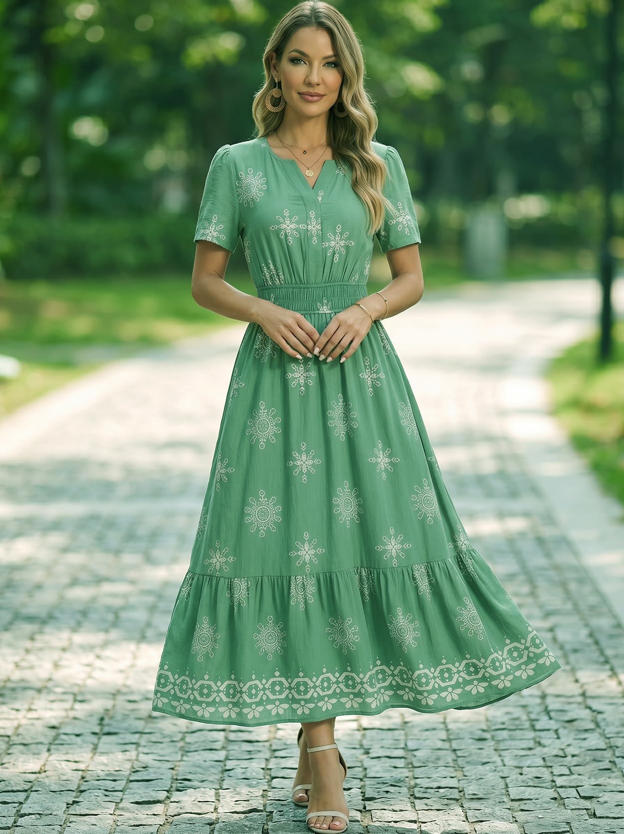 2026 Womens Summer Floral Maxi Dresses V Neck Short Sleeve Boho Casual Flowy Long Wedding Guest Beach Vacation Dress Green